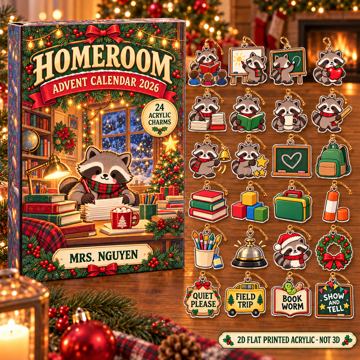 Personalized Teacher Raccoon advent calendar box with 24 flat acrylic Christmas charms