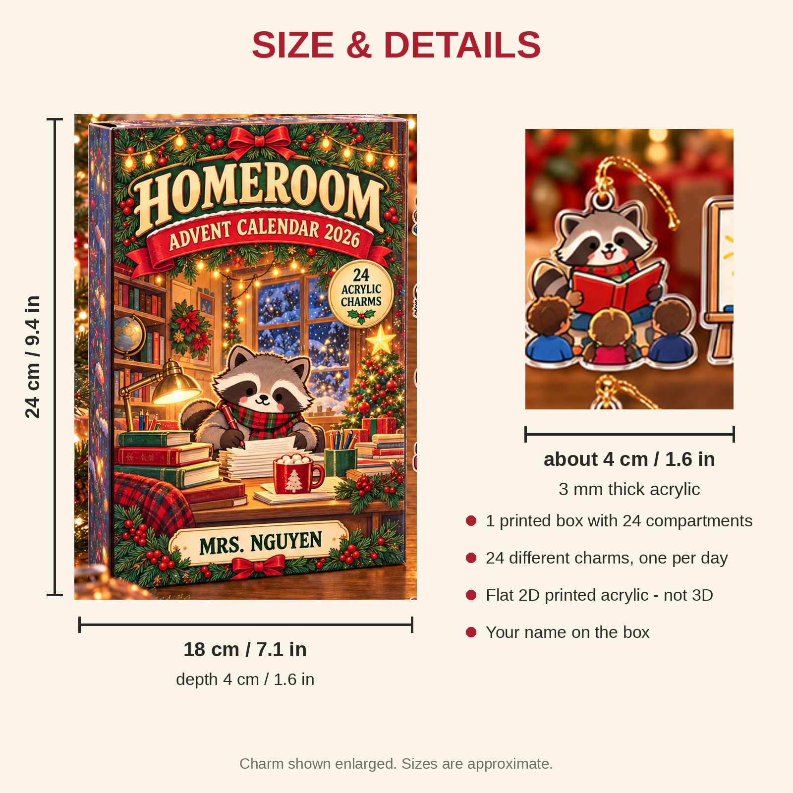 Personalized Teacher Raccoon advent calendar box with 24 flat acrylic Christmas charms: box and charm sizes