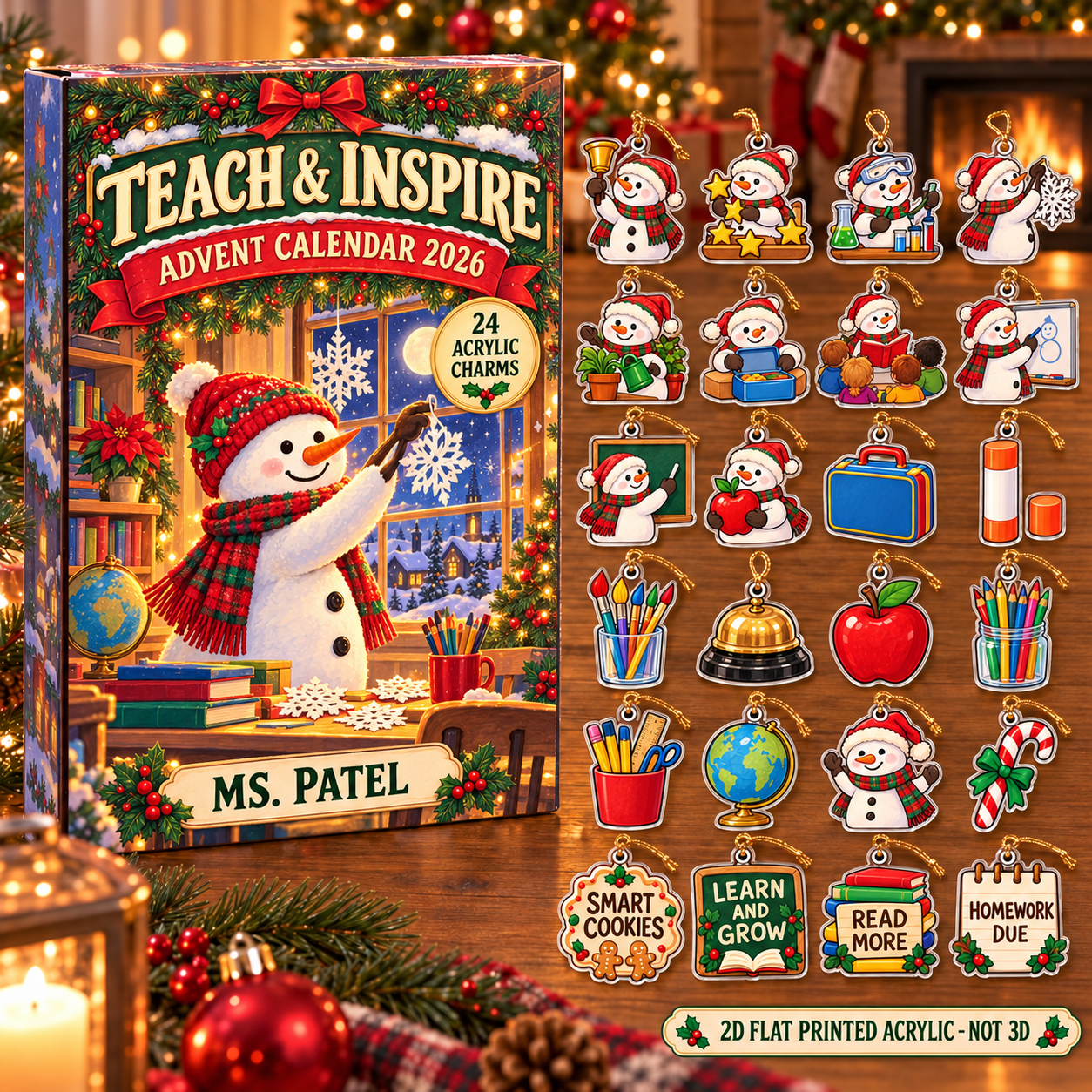 Personalized Teacher Snowman advent calendar box with 24 flat acrylic Christmas charms