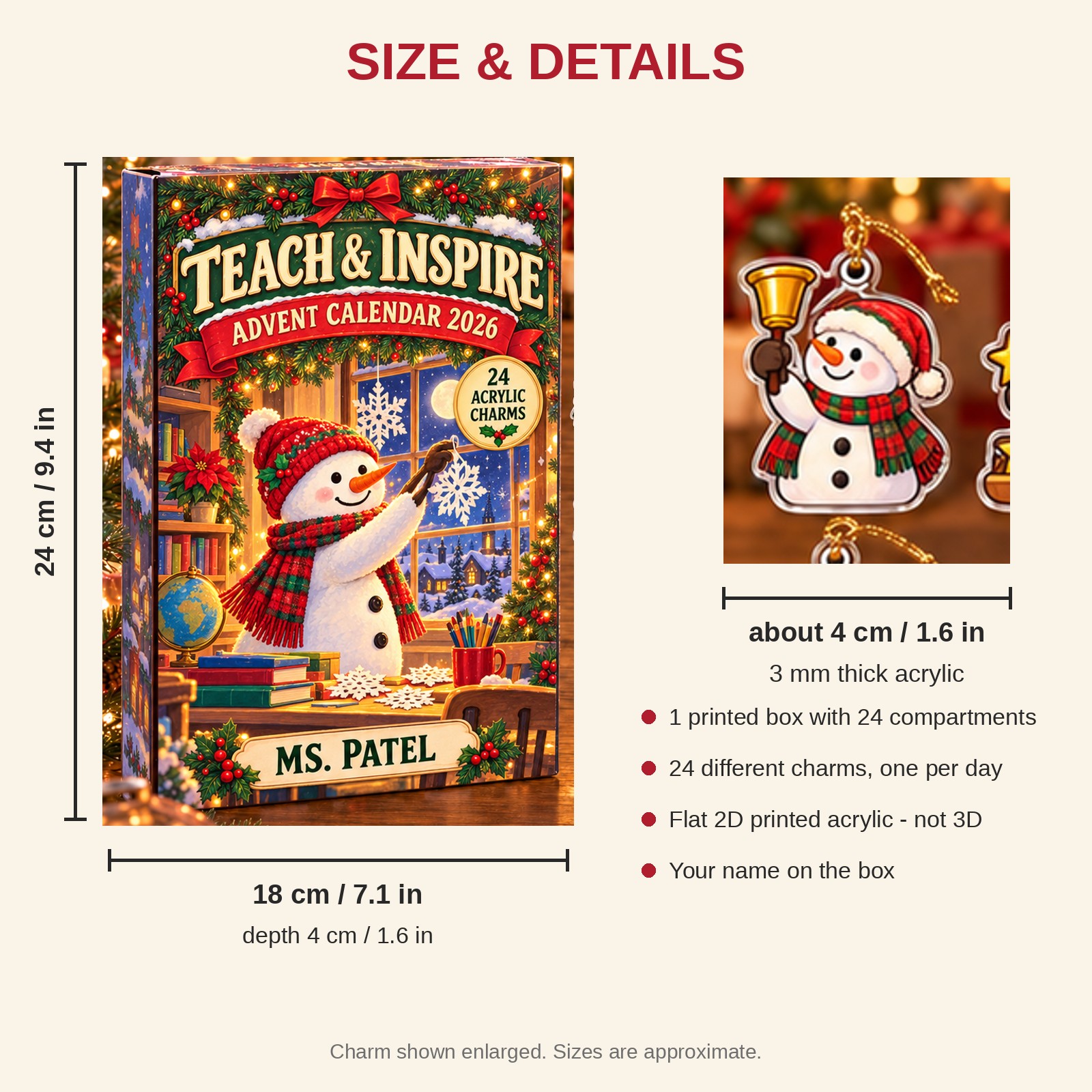 Personalized Teacher Snowman advent calendar box with 24 flat acrylic Christmas charms: box and charm sizes