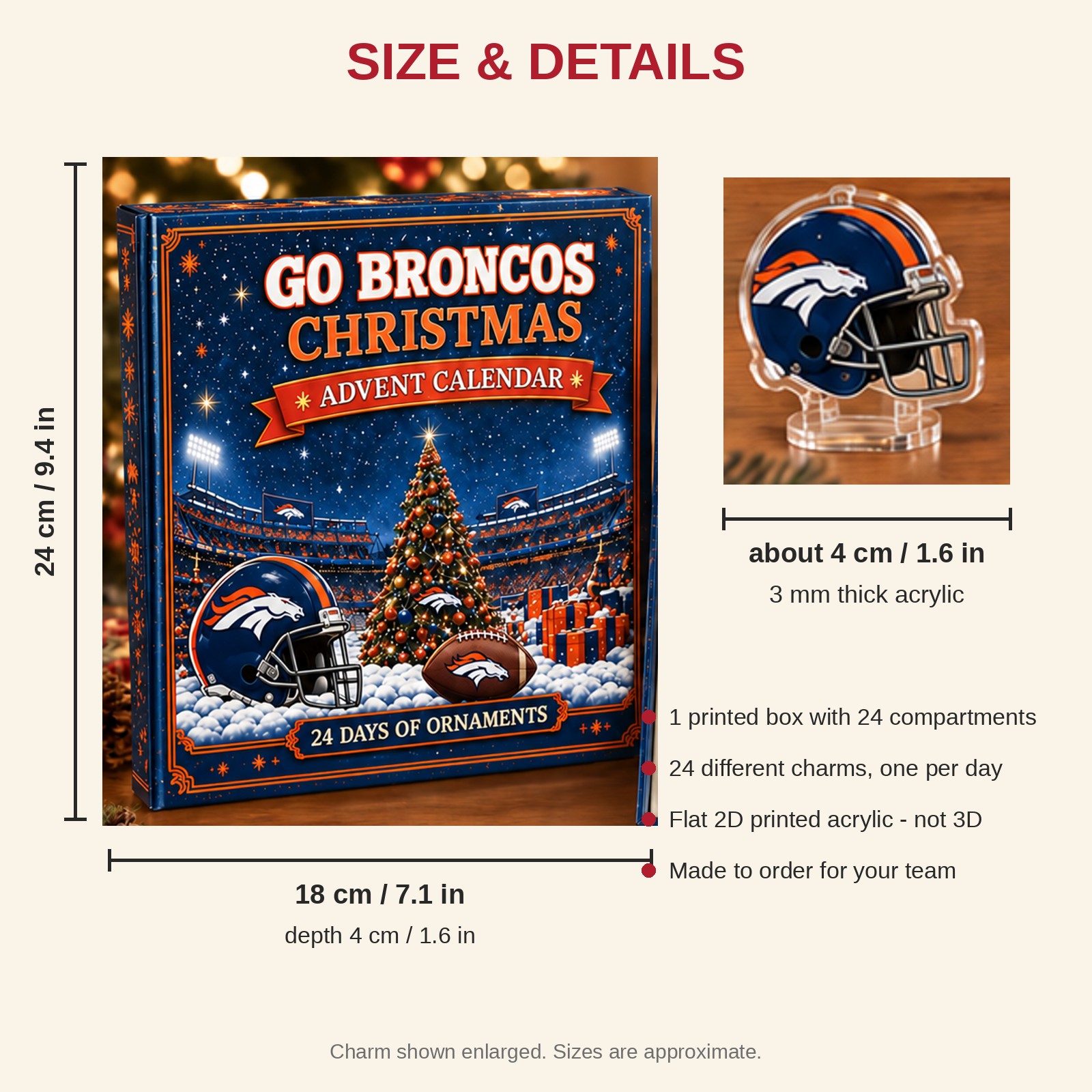Denver Broncos Christmas advent calendar with 24 acrylic charms: box and charm sizes