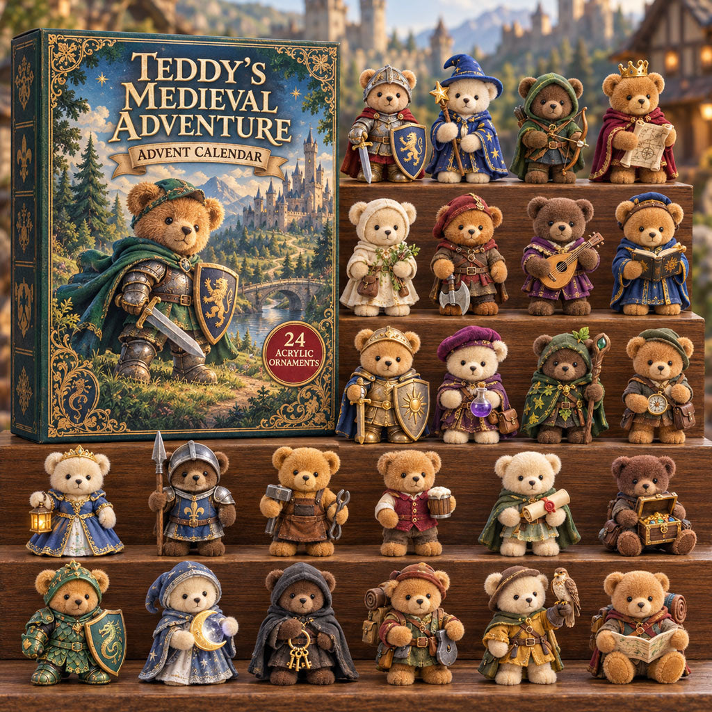 Teddys Medieval Adventure advent calendar box with 24 acrylic Christmas charms