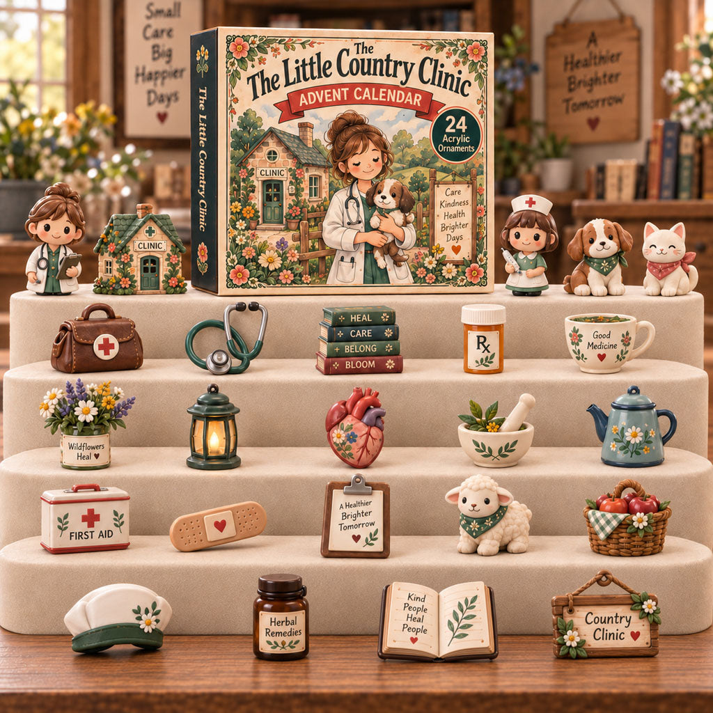 The Little Country Clinic advent calendar box with 24 acrylic Christmas charms