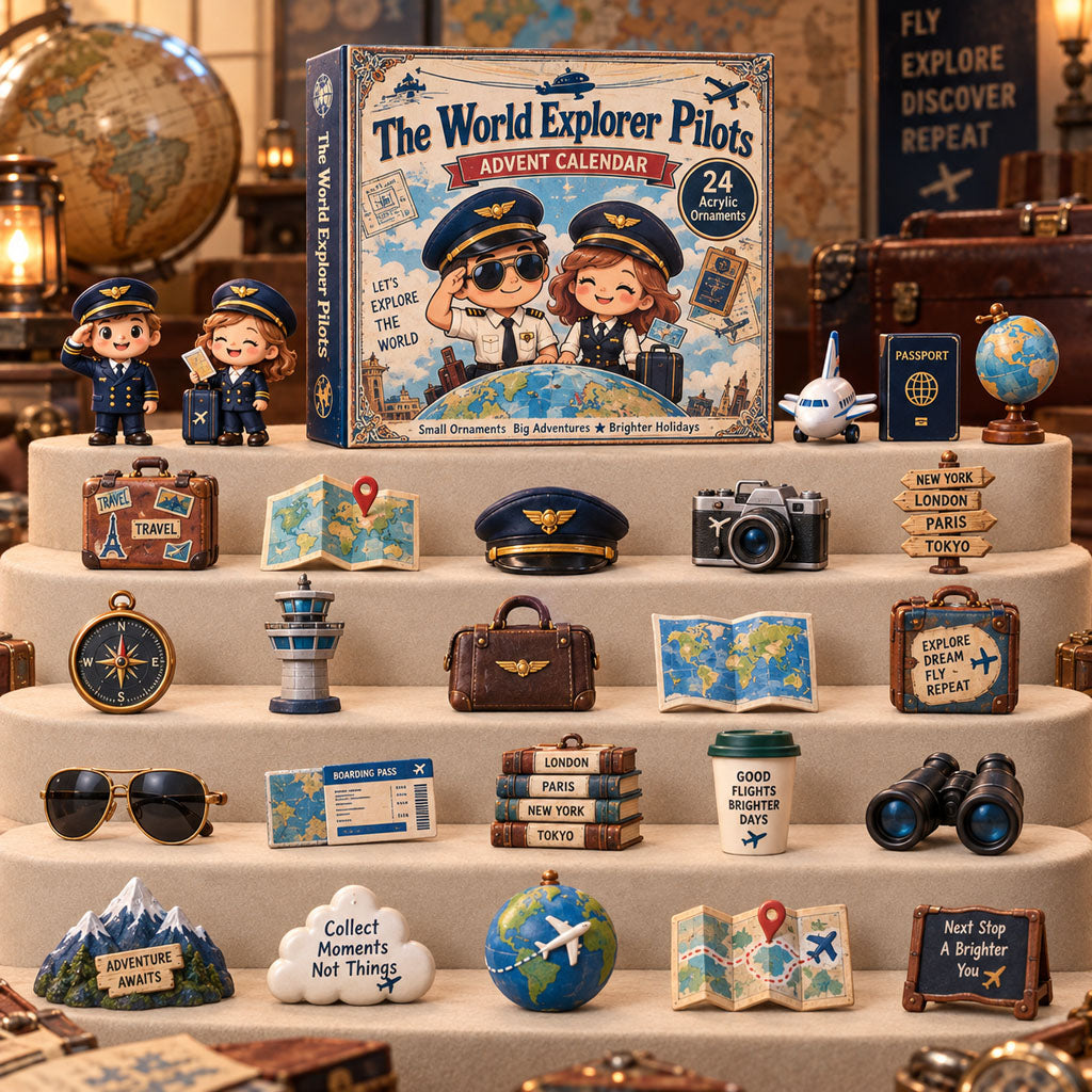 The World Explorer Pilots advent calendar box with 24 acrylic Christmas charms