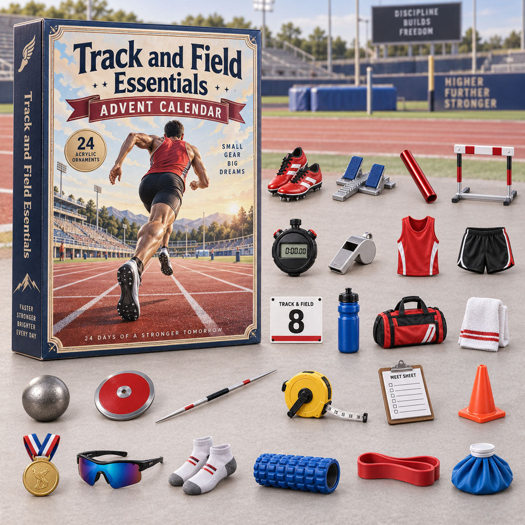 Track Field Essentials advent calendar box with 24 acrylic Christmas charms