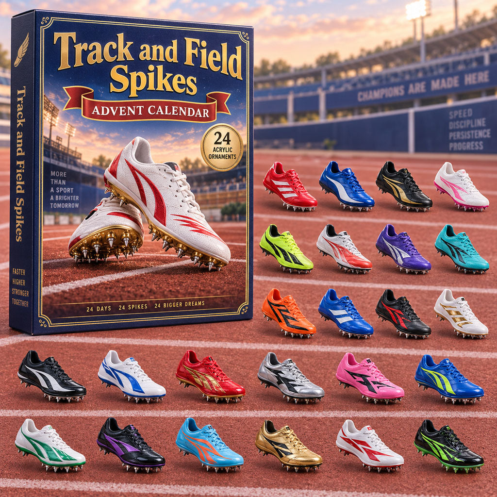 Track Field Spikes advent calendar box with 24 acrylic Christmas charms