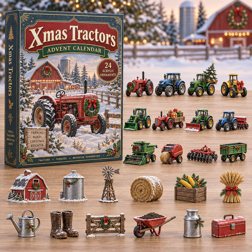 Tractors advent calendar box with 24 acrylic Christmas charms