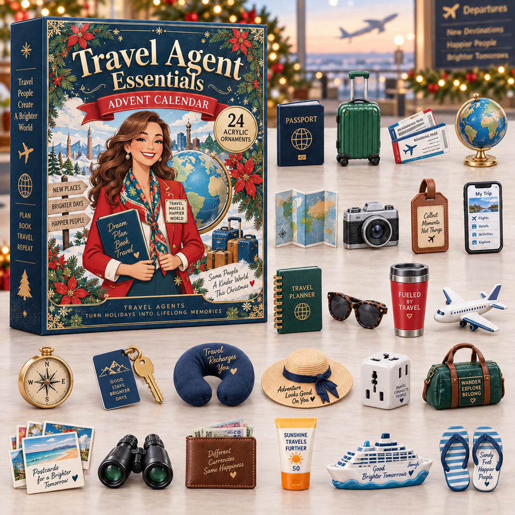 Travel Agent Essentials advent calendar box with 24 acrylic Christmas charms
