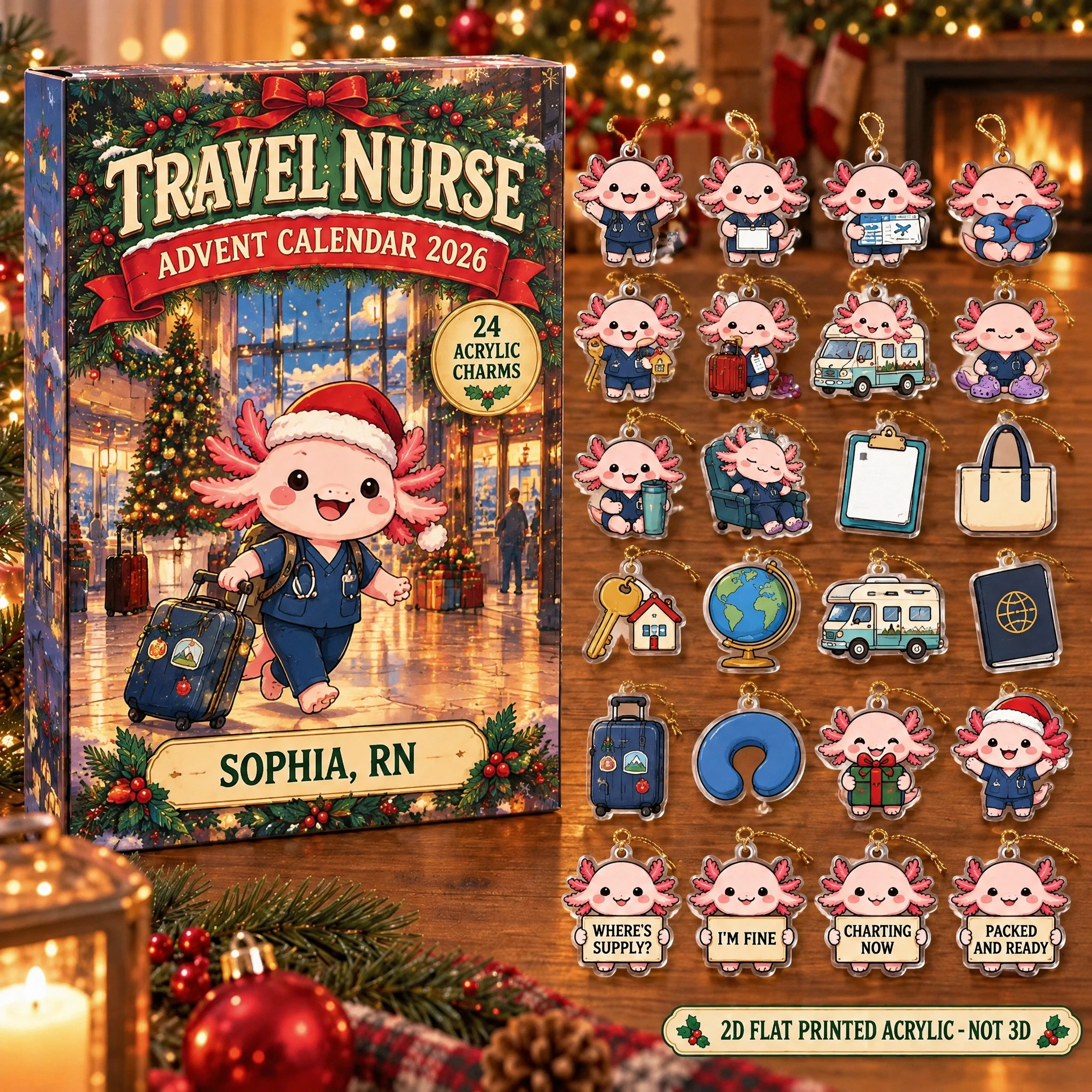 Personalized Travel Nurse Axolotl advent calendar box with 24 flat acrylic Christmas charms