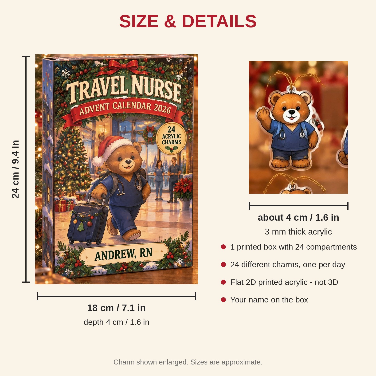 Personalized Travel Nurse Bear advent calendar box with 24 flat acrylic Christmas charms: box and charm sizes