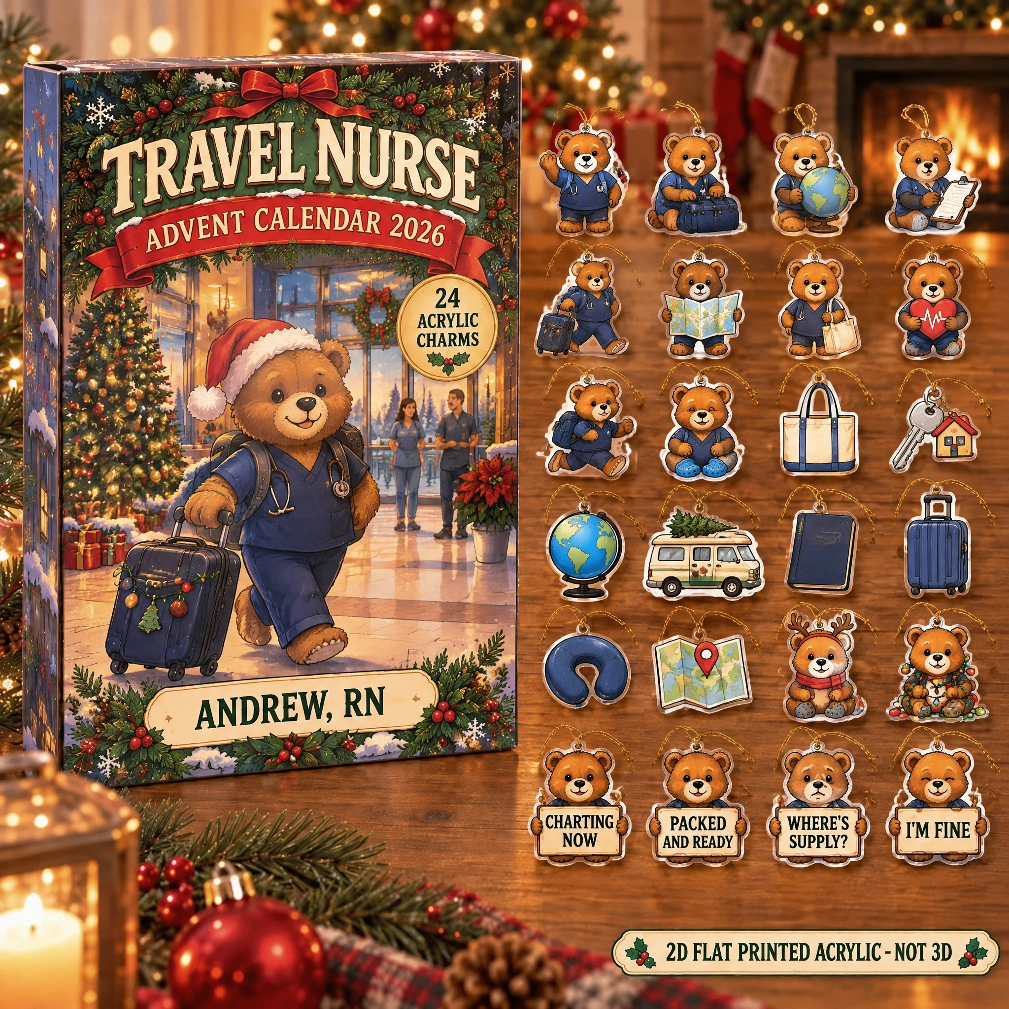 Personalized Travel Nurse Bear advent calendar box with 24 flat acrylic Christmas charms