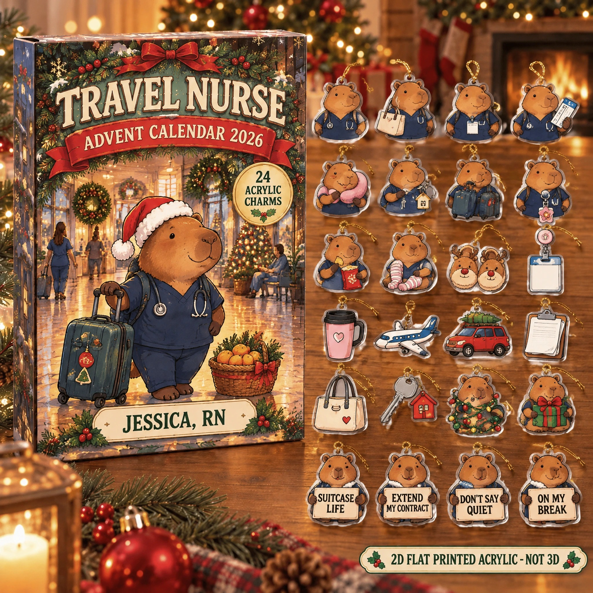 Personalized Travel Nurse Capybara advent calendar box with 24 flat acrylic Christmas charms