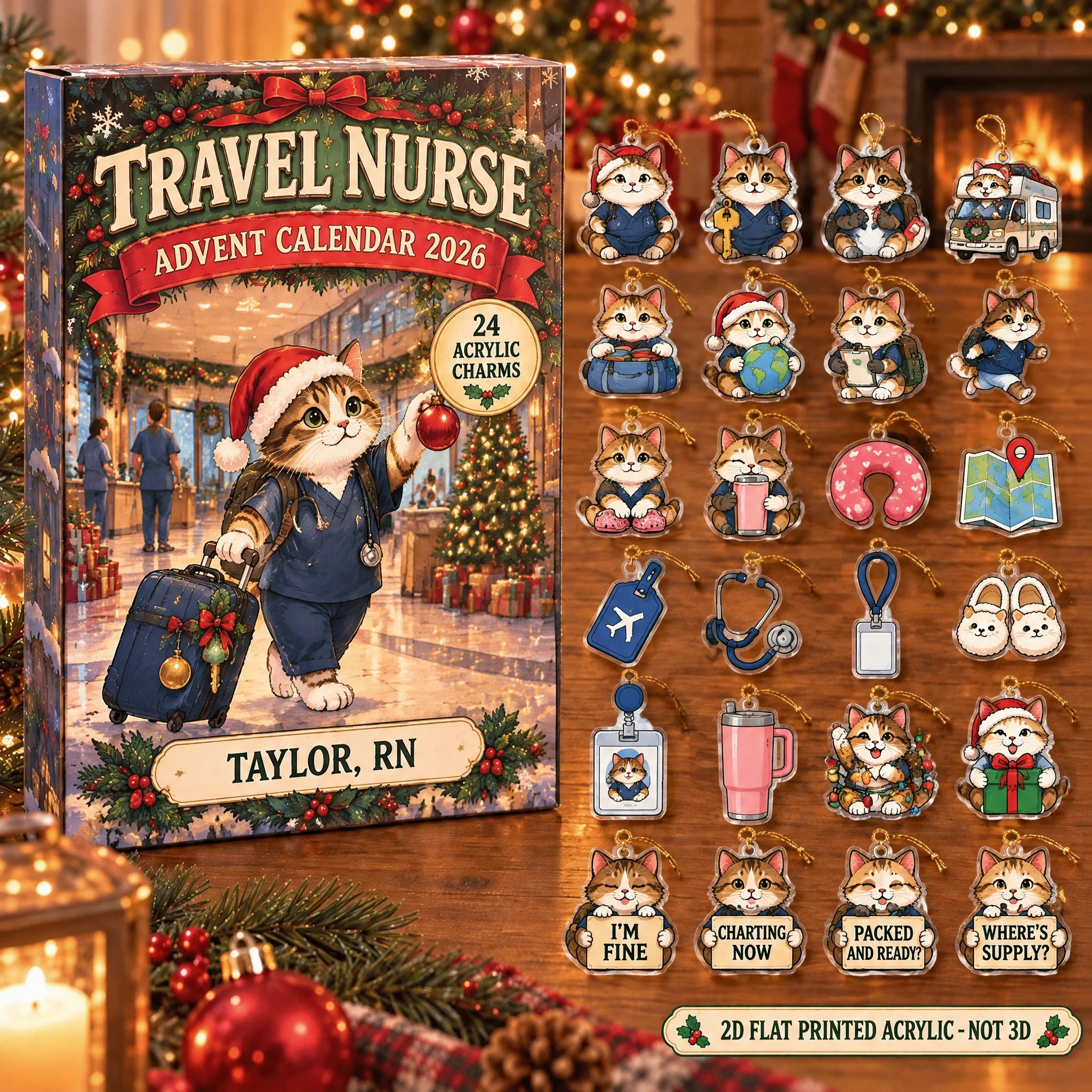 Personalized Travel Nurse Cat advent calendar box with 24 flat acrylic Christmas charms