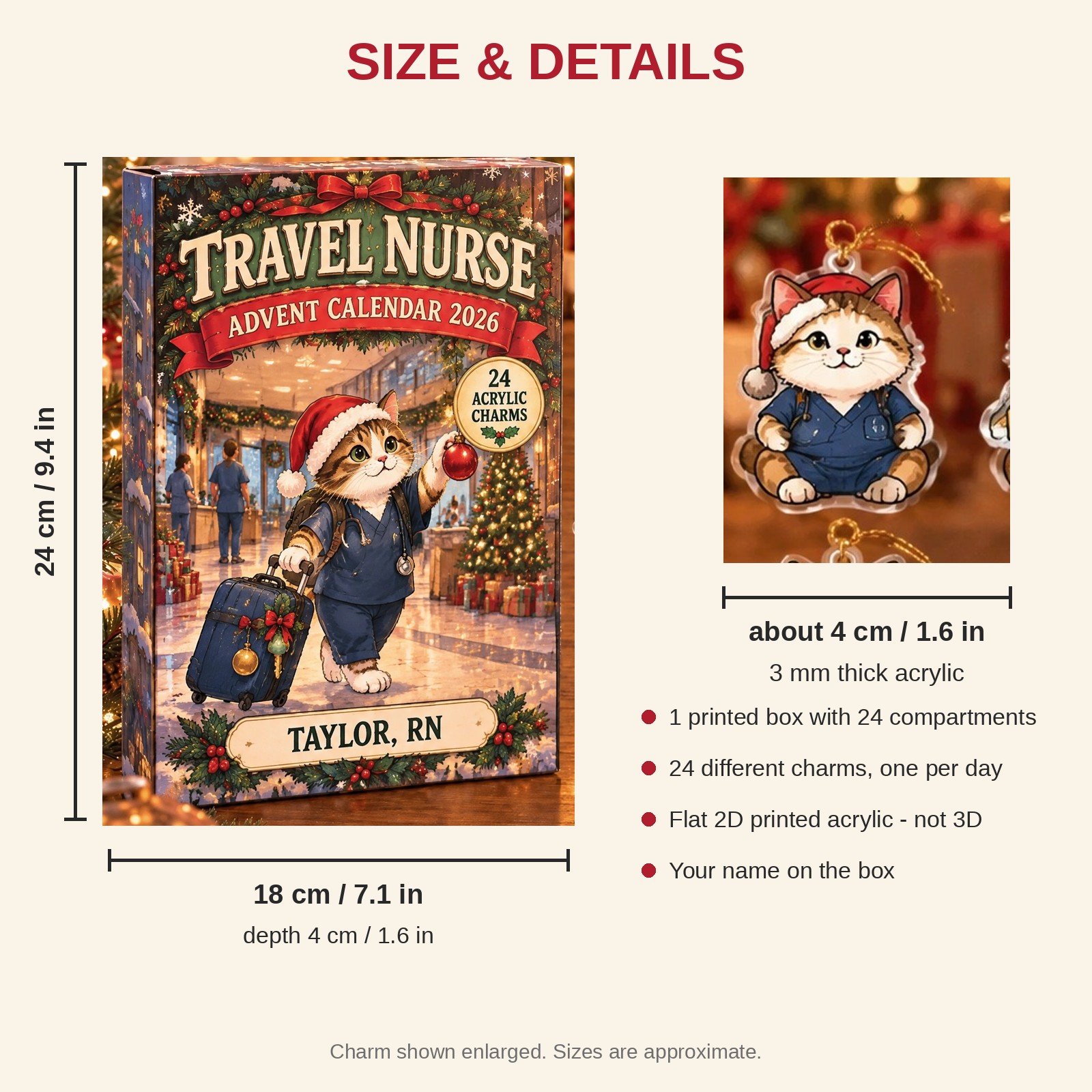 Personalized Travel Nurse Cat advent calendar box with 24 flat acrylic Christmas charms: box and charm sizes