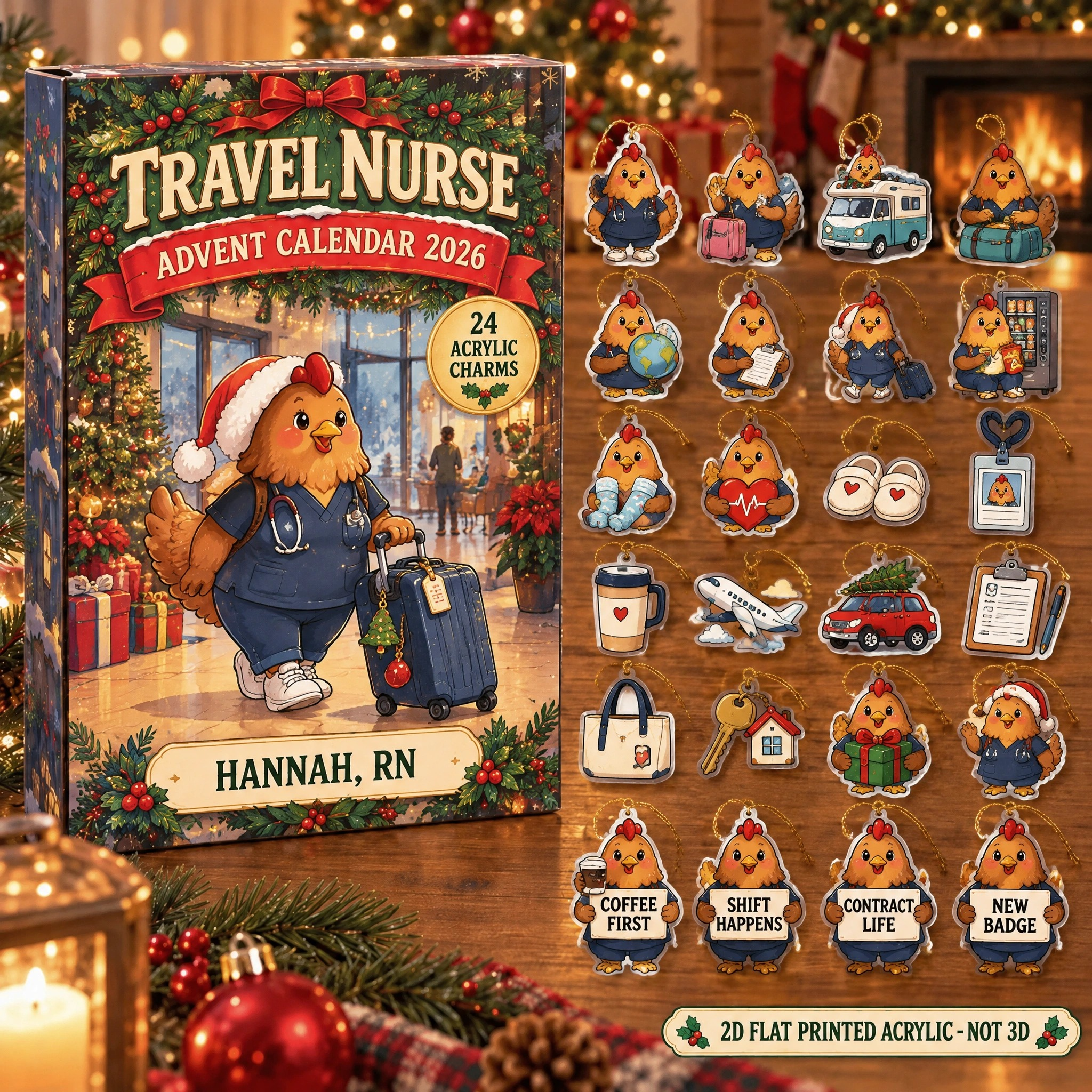 Personalized Travel Nurse Chicken advent calendar box with 24 flat acrylic Christmas charms