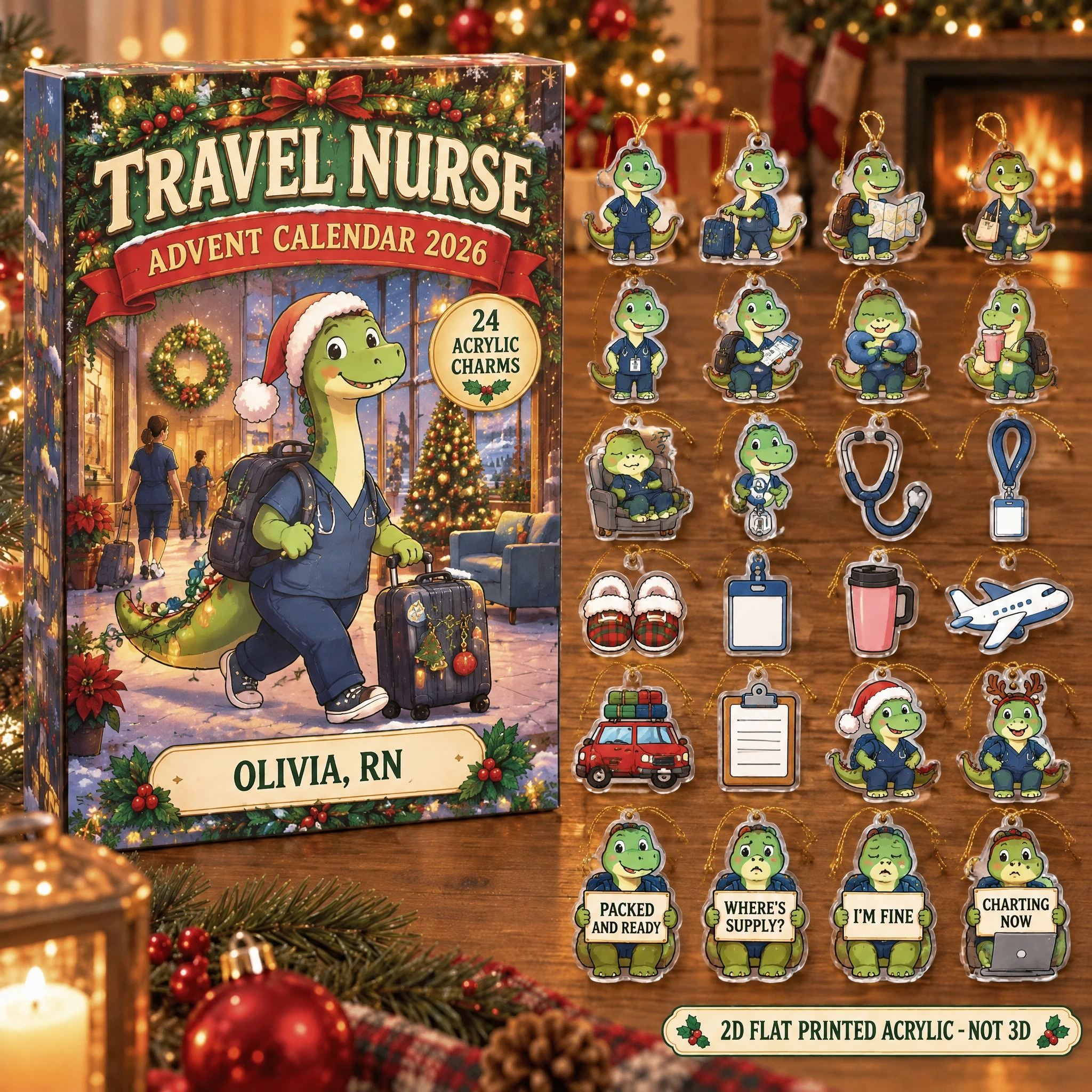 Personalized Travel Nurse Dinosaur advent calendar box with 24 flat acrylic Christmas charms