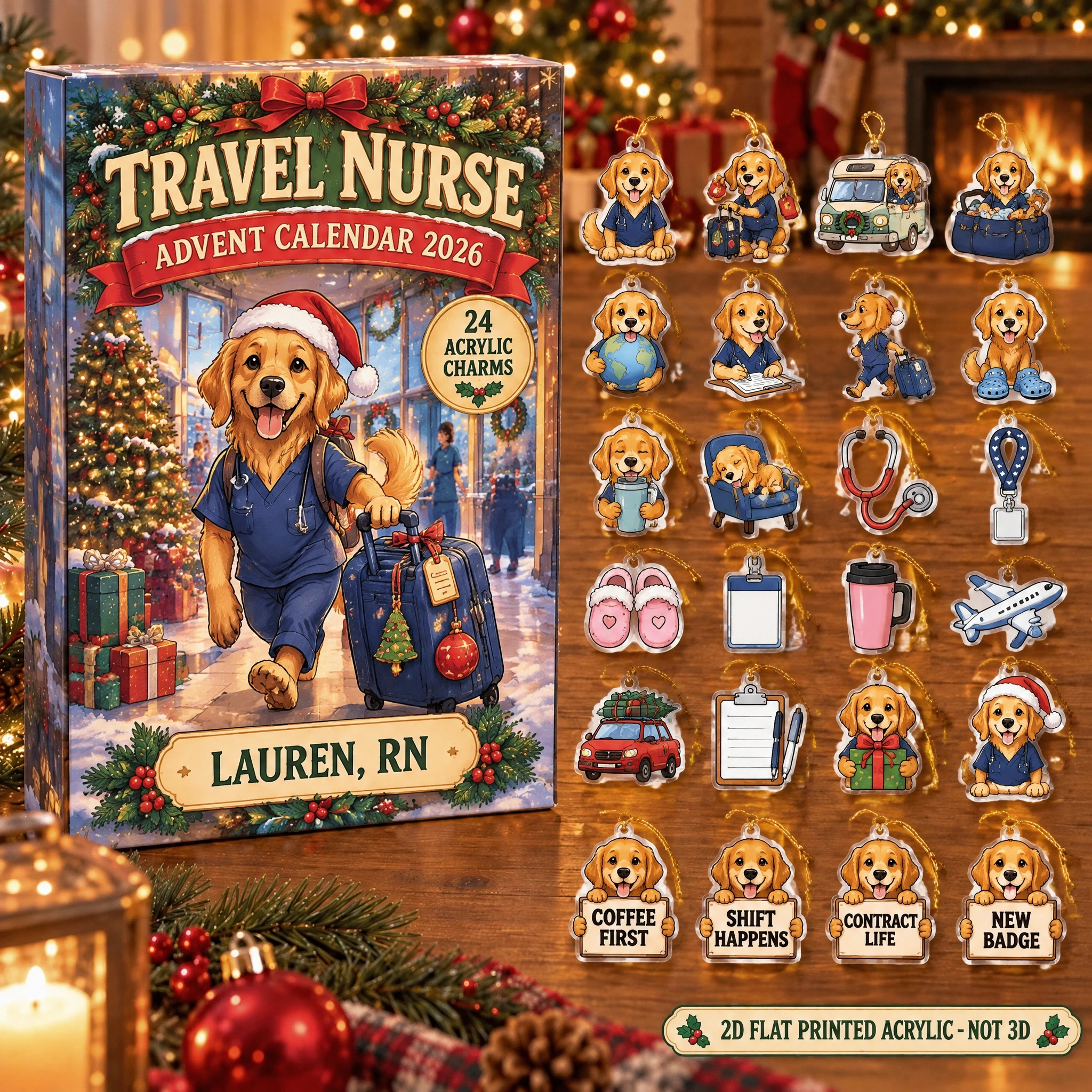 Personalized Travel Nurse Dog advent calendar box with 24 flat acrylic Christmas charms