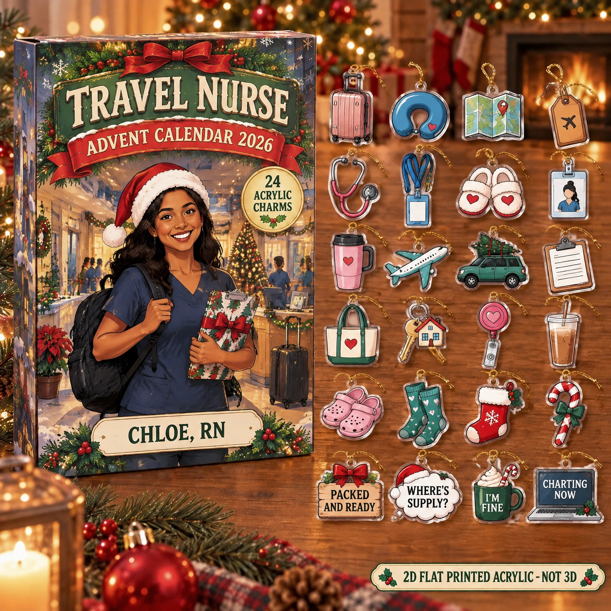 Personalized Travel Nurse Essentials advent calendar box with 24 flat acrylic Christmas charms