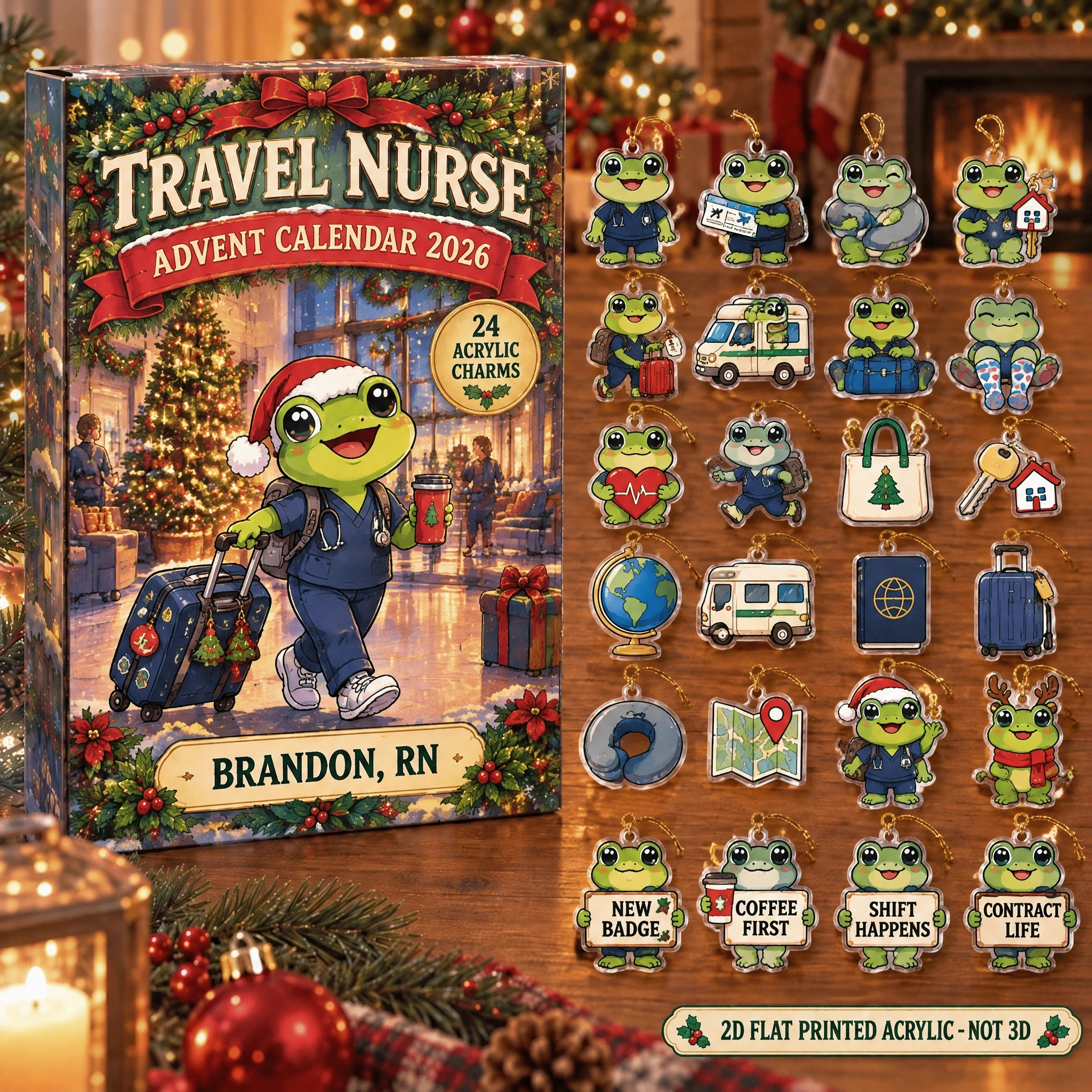 Personalized Travel Nurse Frog advent calendar box with 24 flat acrylic Christmas charms