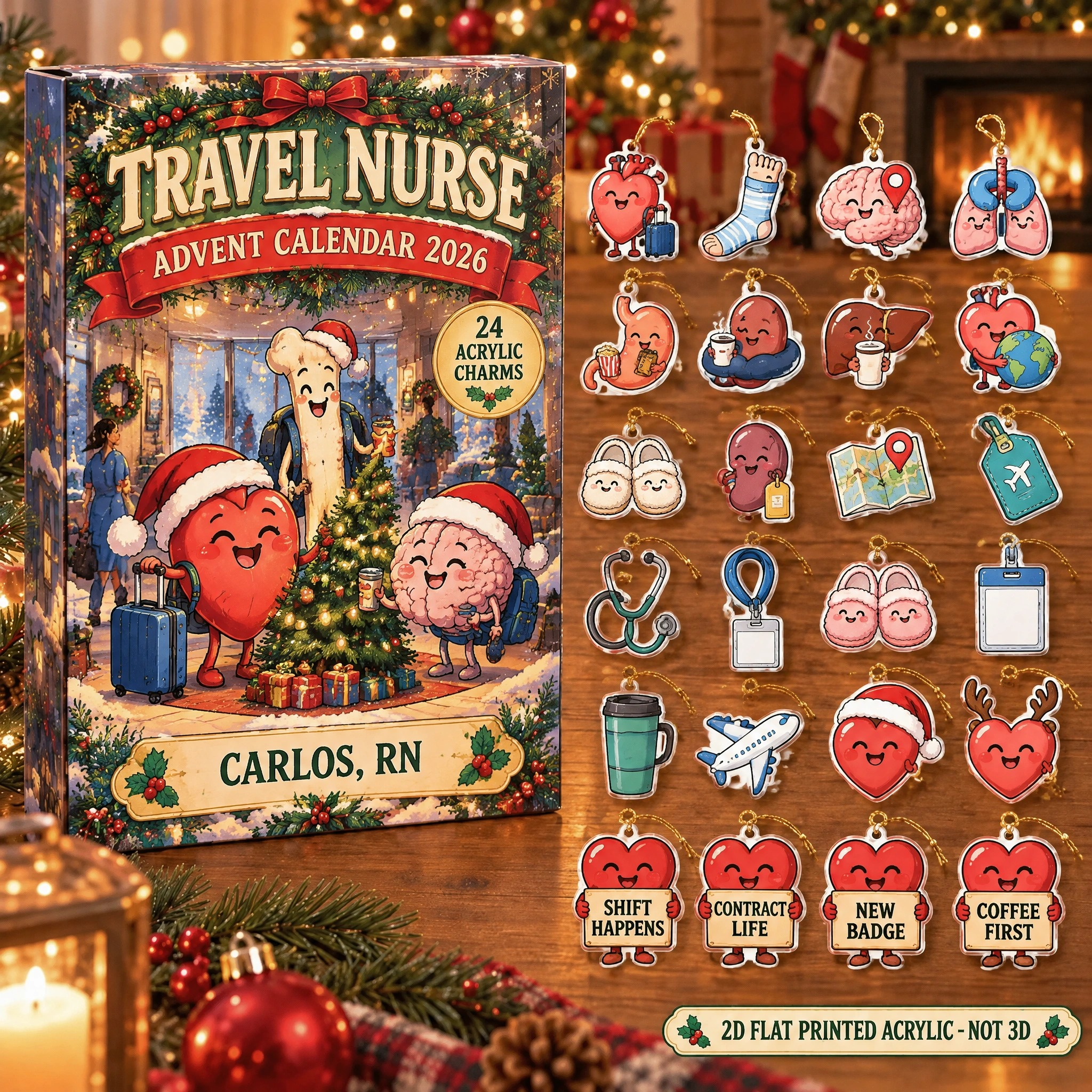 Personalized Funny Anatomy Travel Nurse advent calendar box with 24 flat acrylic Christmas charms