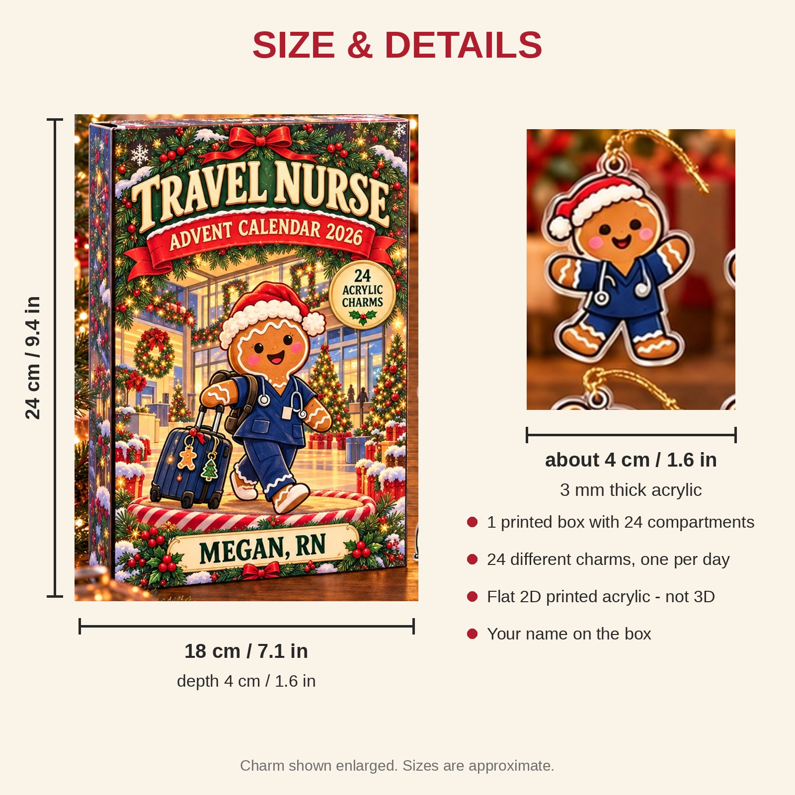 Personalized Gingerbread Travel Nurse advent calendar box with 24 flat acrylic Christmas charms: box and charm sizes