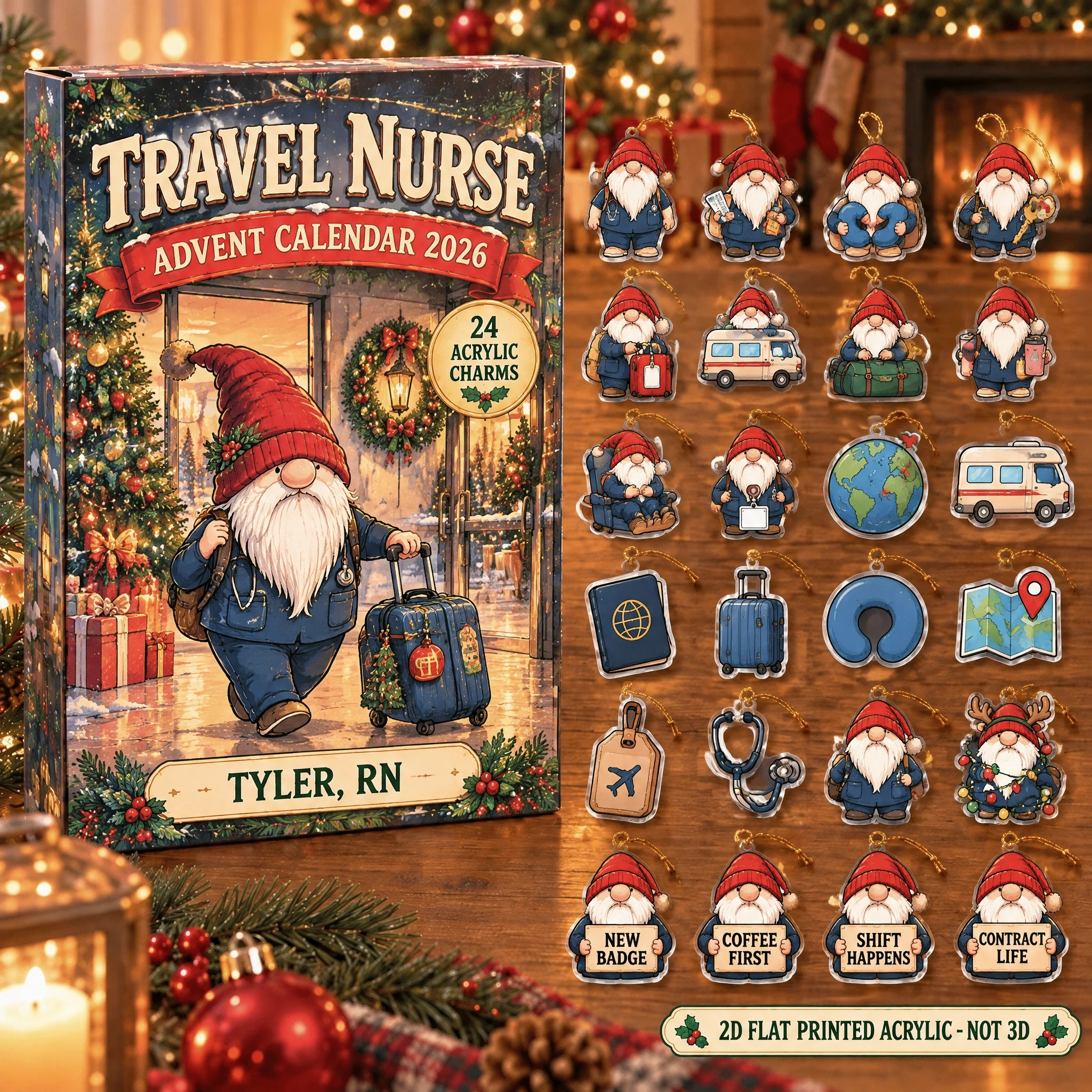 Personalized Travel Nurse Gnome advent calendar box with 24 flat acrylic Christmas charms