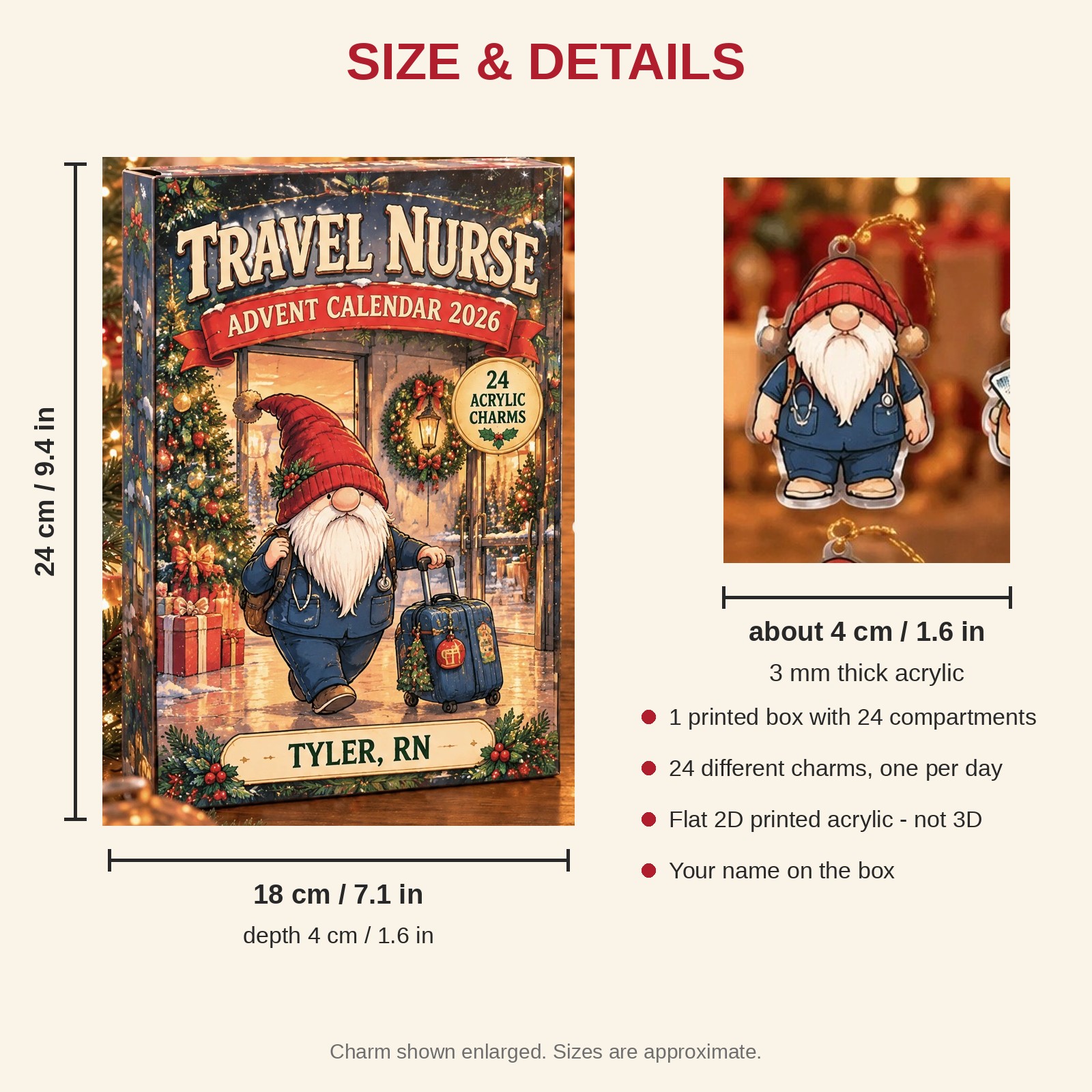 Personalized Travel Nurse Gnome advent calendar box with 24 flat acrylic Christmas charms: box and charm sizes