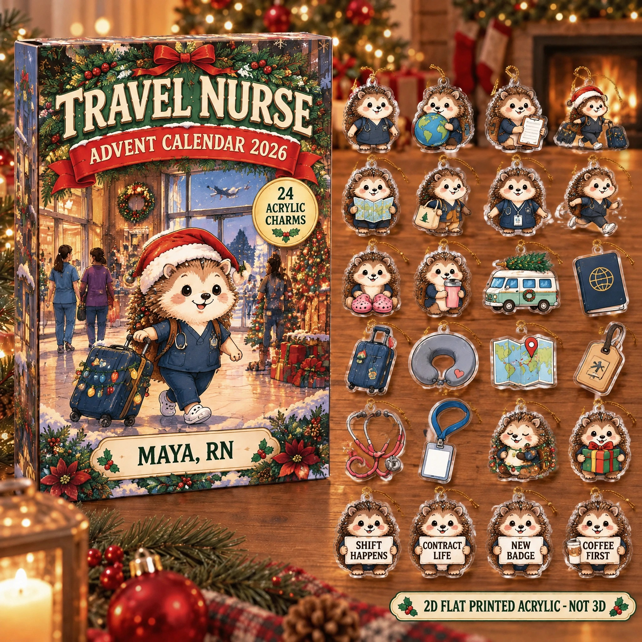 Personalized Travel Nurse Hedgehog advent calendar box with 24 flat acrylic Christmas charms