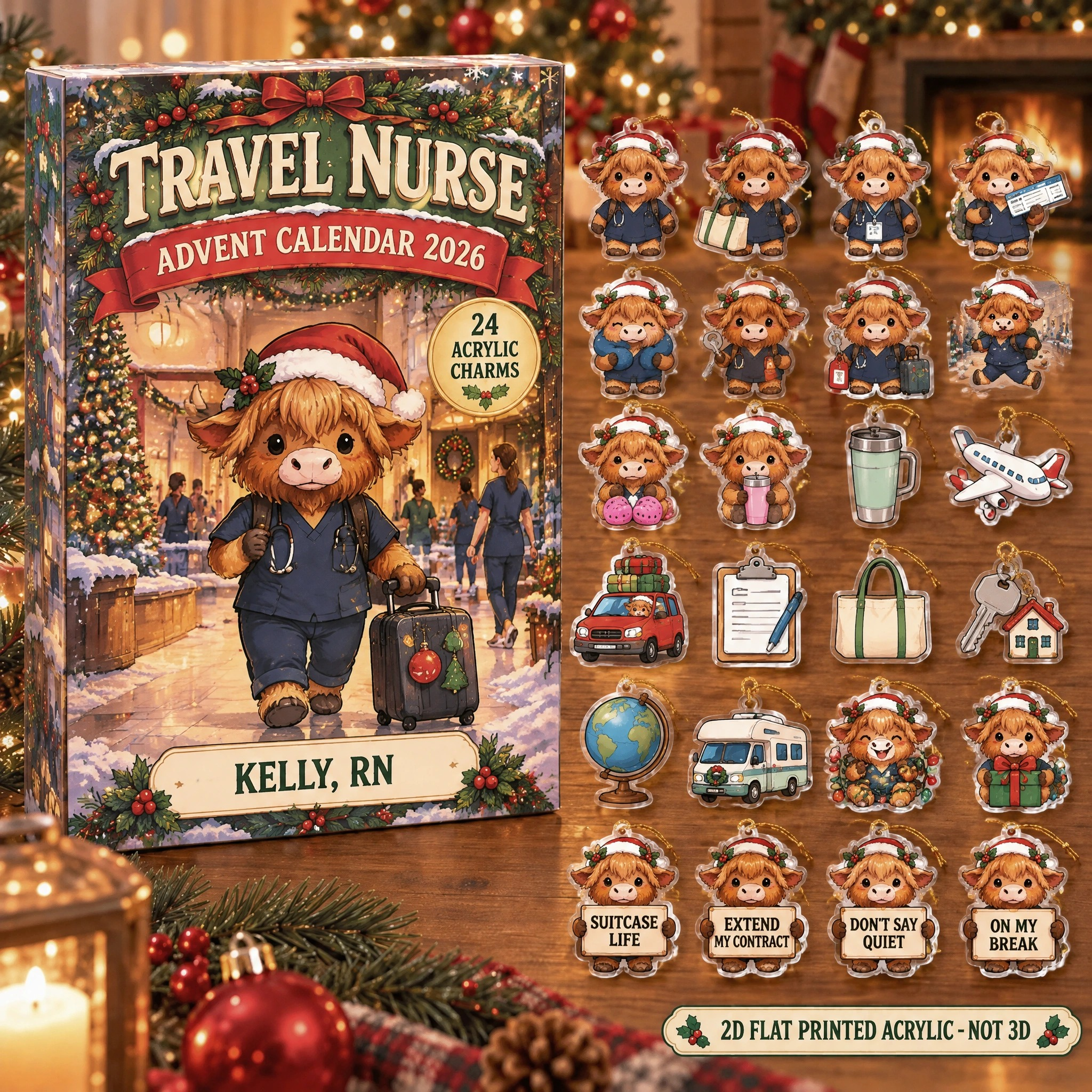 Personalized Travel Nurse Highland Cow advent calendar box with 24 flat acrylic Christmas charms