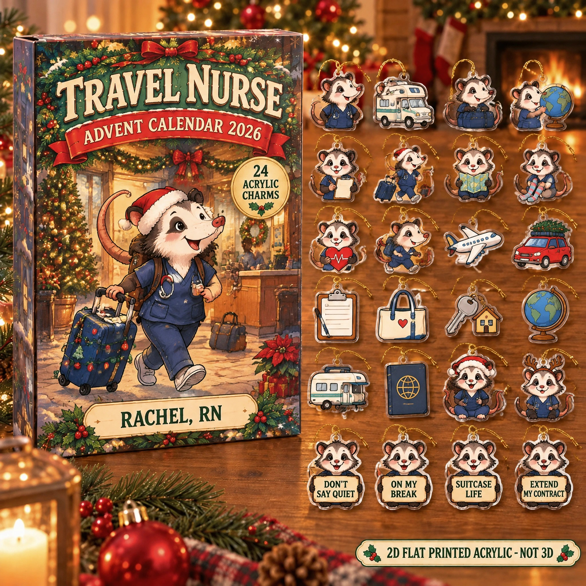 Personalized Travel Nurse Opossum advent calendar box with 24 flat acrylic Christmas charms