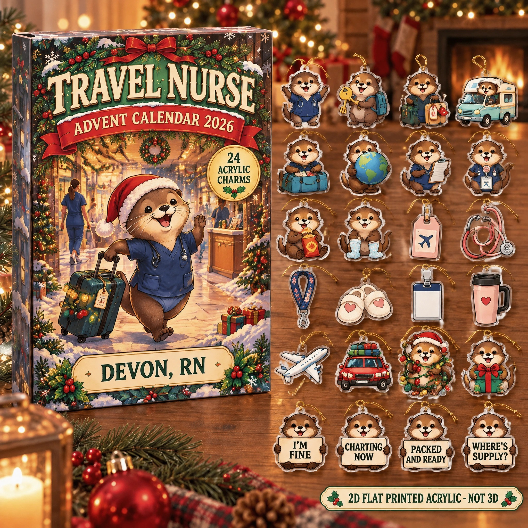 Personalized Travel Nurse Otter advent calendar box with 24 flat acrylic Christmas charms