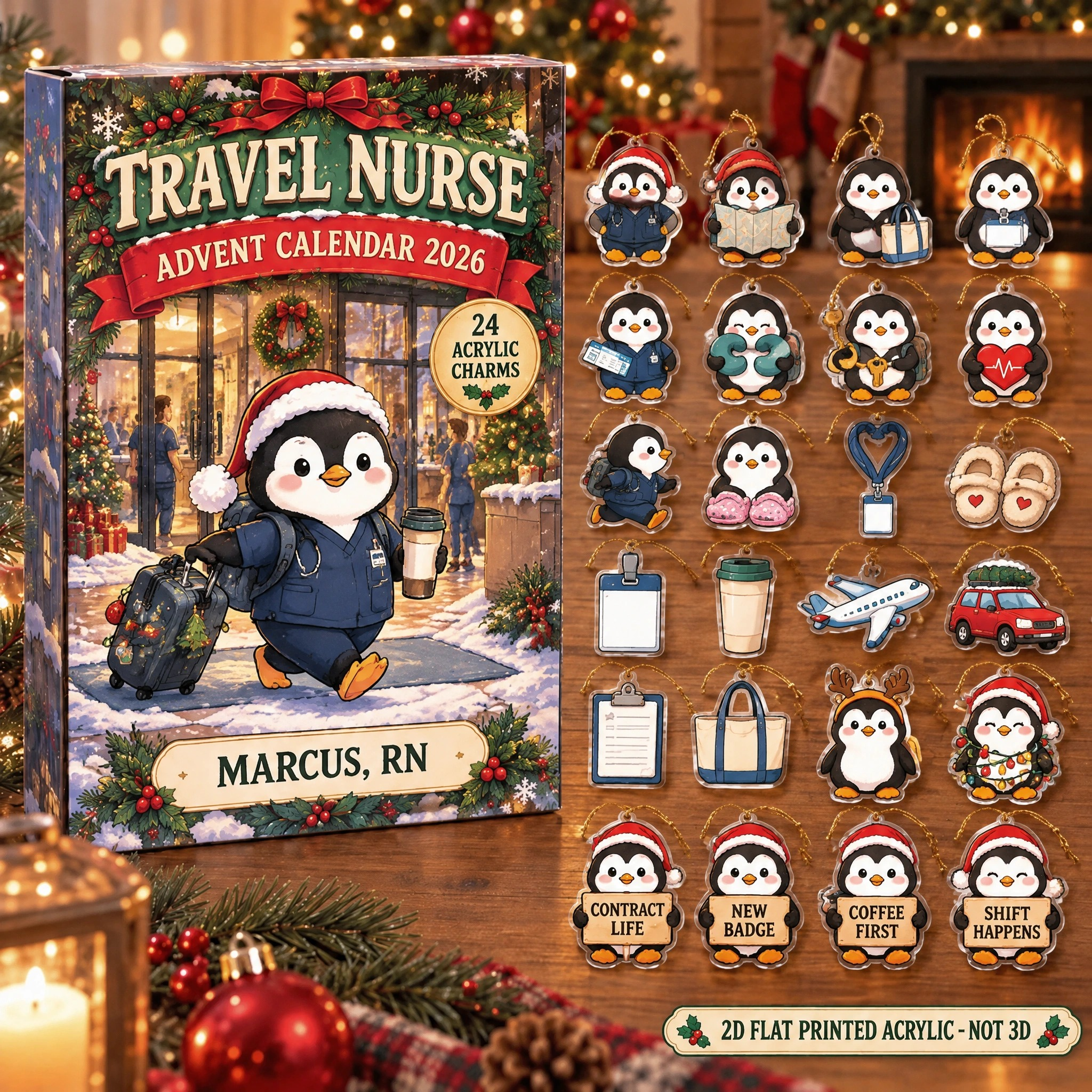Personalized Travel Nurse Penguin advent calendar box with 24 flat acrylic Christmas charms