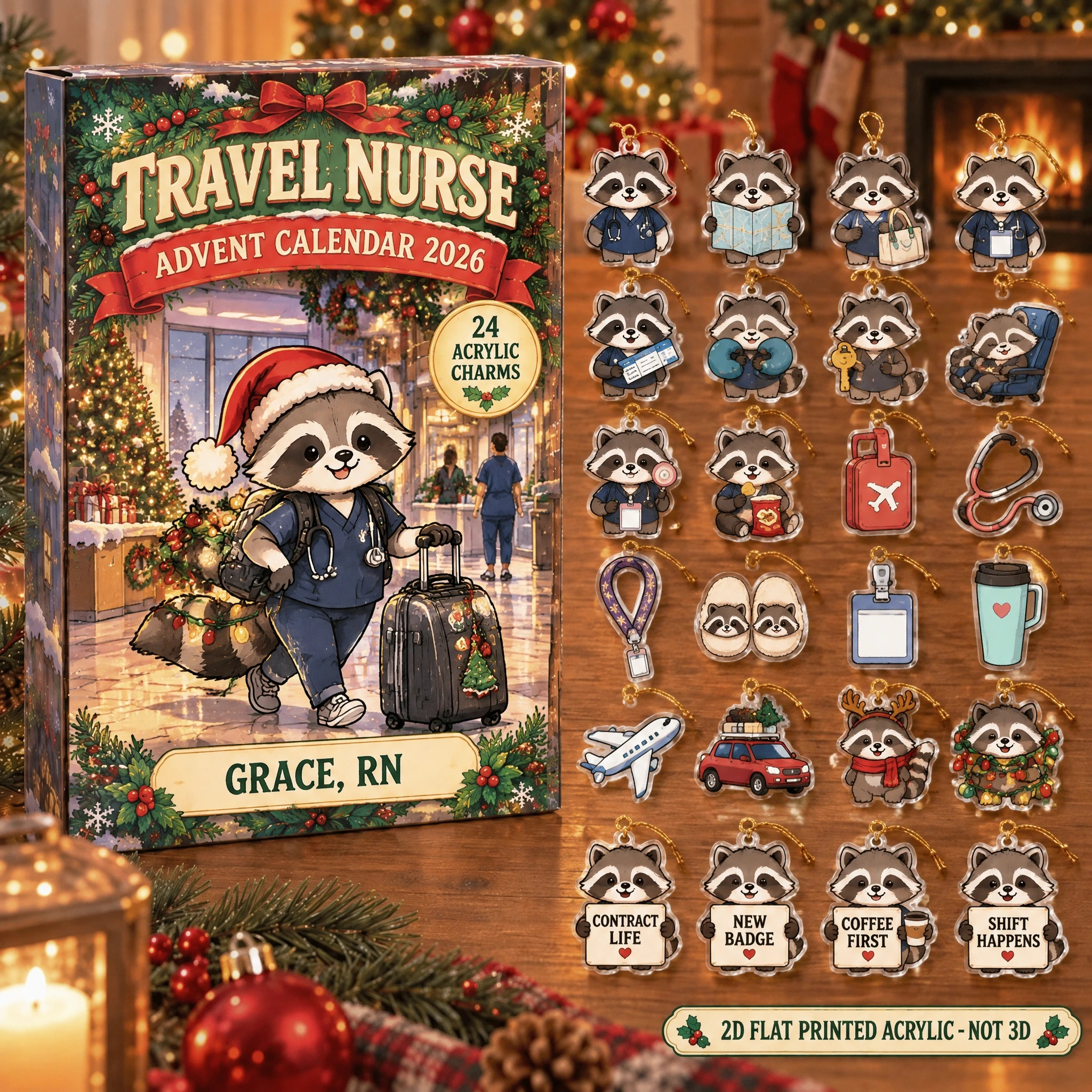 Personalized Travel Nurse Raccoon advent calendar box with 24 flat acrylic Christmas charms
