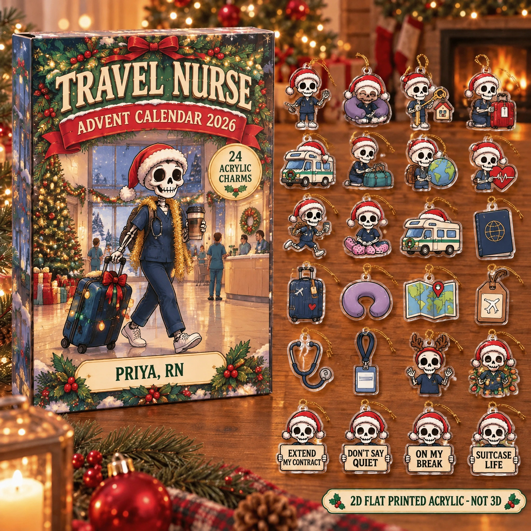 Personalized Travel Nurse Skeleton advent calendar box with 24 flat acrylic Christmas charms