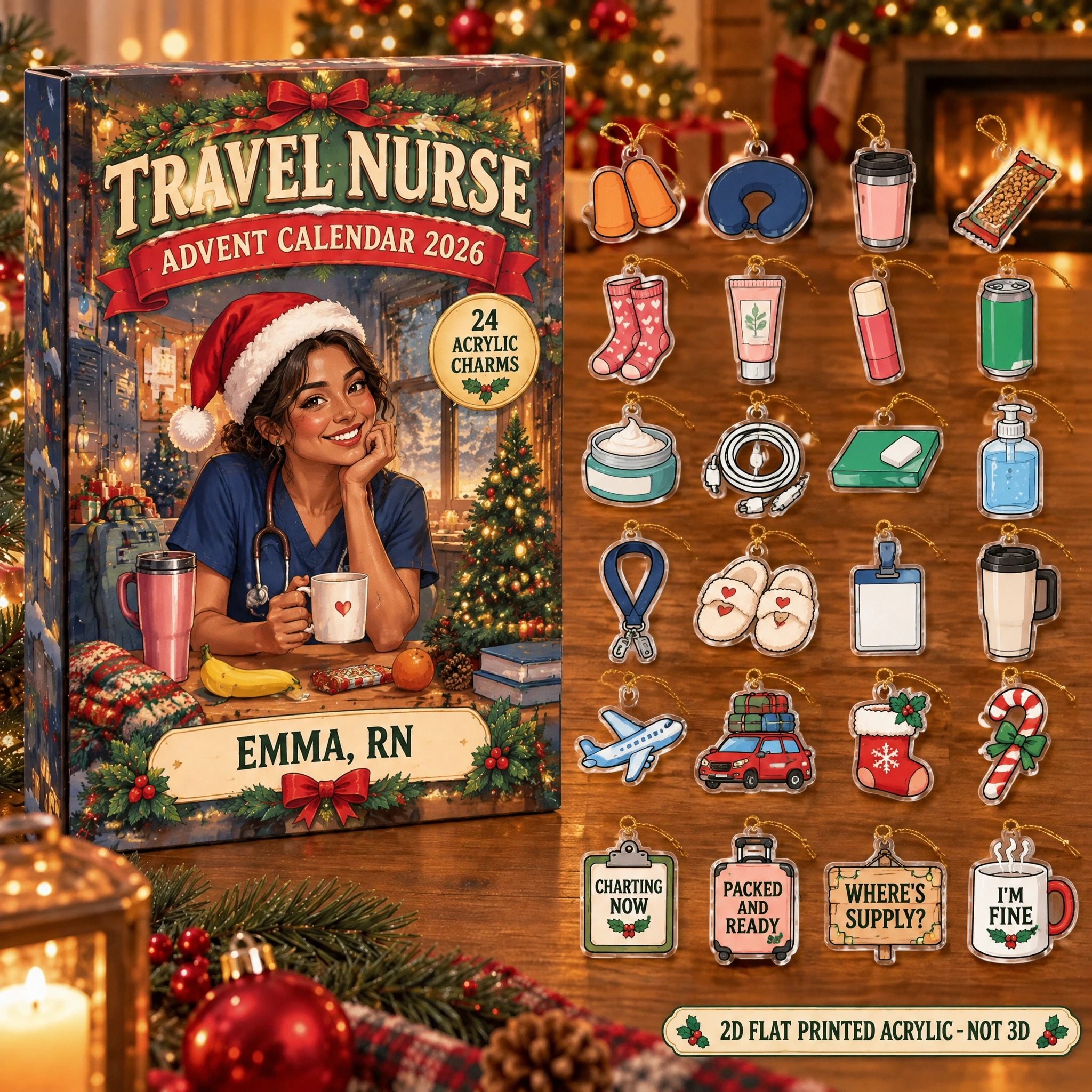 Personalized Travel Nurse Survival Kit advent calendar box with 24 flat acrylic Christmas charms