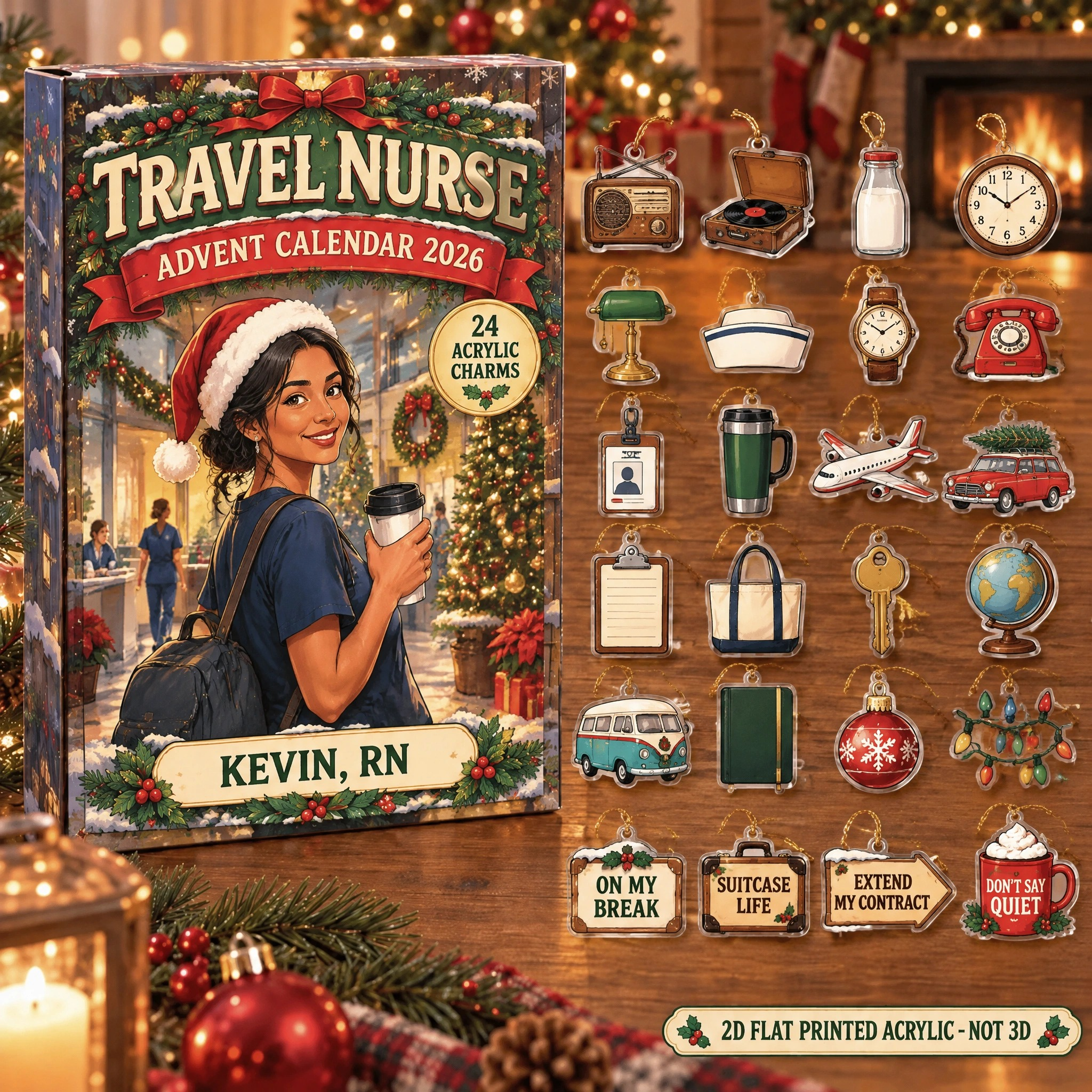 Personalized Vintage Retro Travel Nurse advent calendar box with 24 flat acrylic Christmas charms