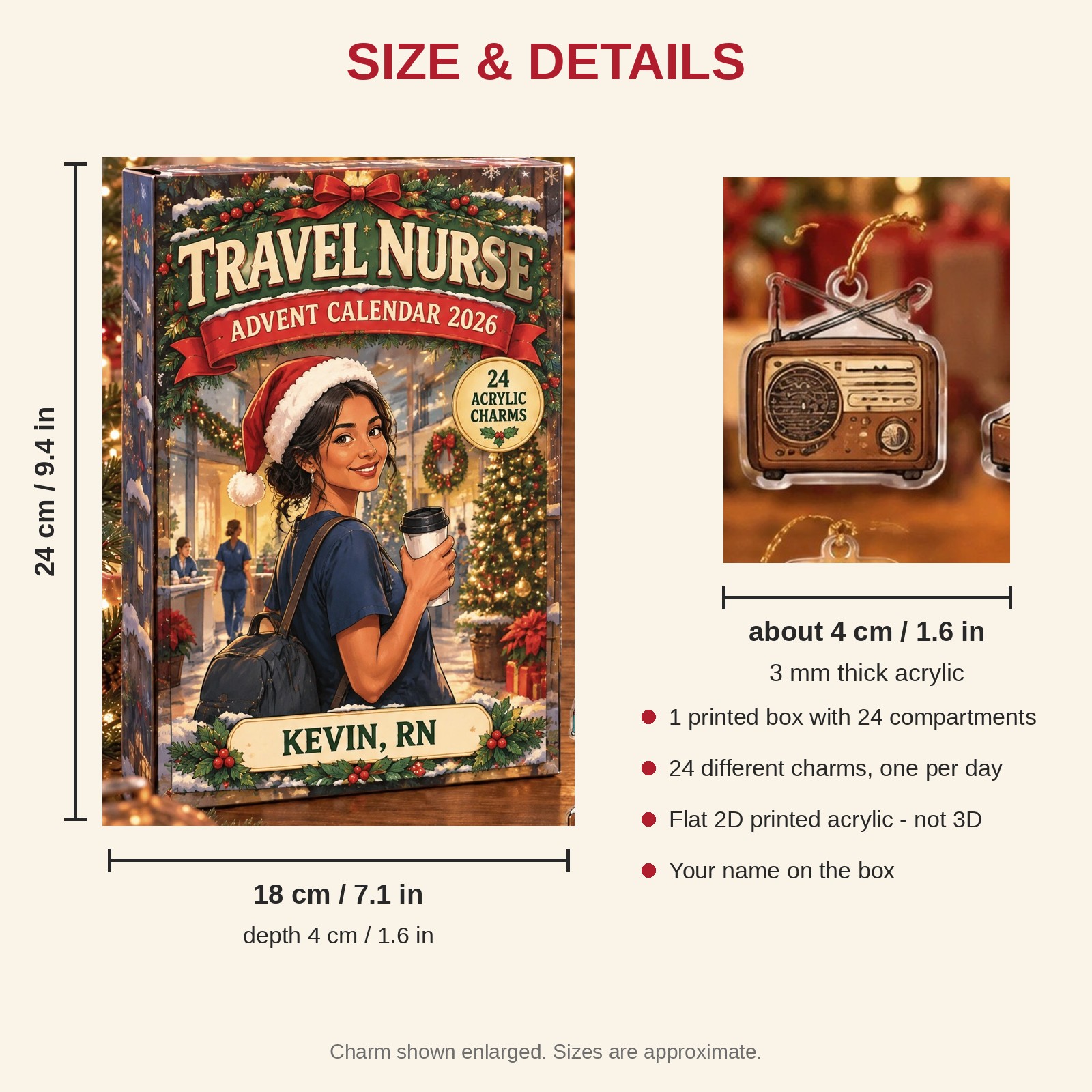 Personalized Vintage Retro Travel Nurse advent calendar box with 24 flat acrylic Christmas charms: box and charm sizes