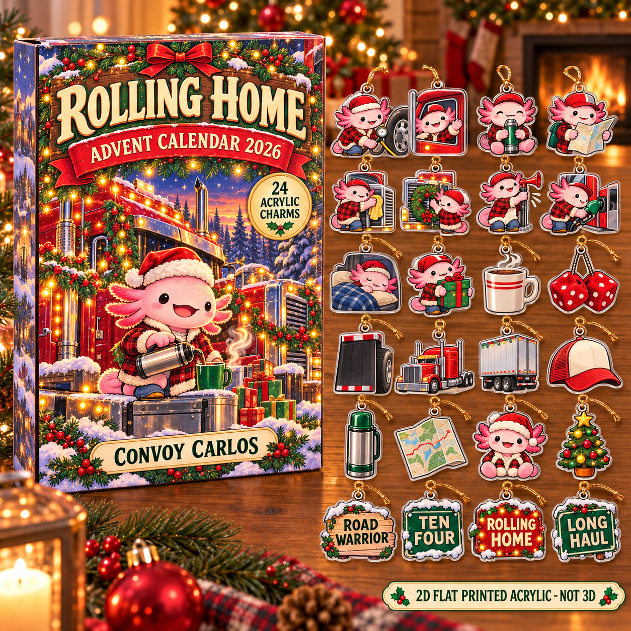 Personalized Trucker Axolotl advent calendar box with 24 flat acrylic Christmas charms