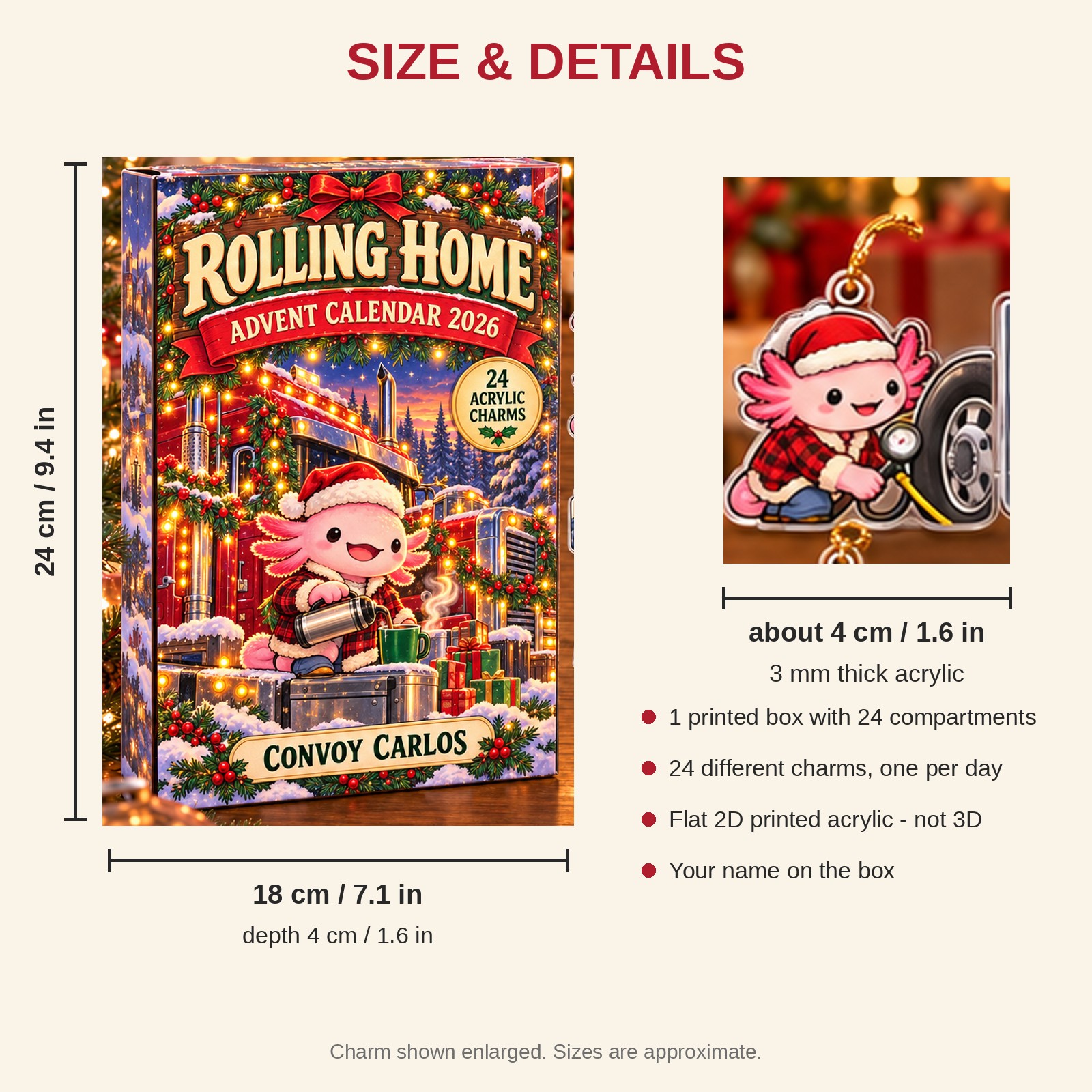 Personalized Trucker Axolotl advent calendar box with 24 flat acrylic Christmas charms: box and charm sizes