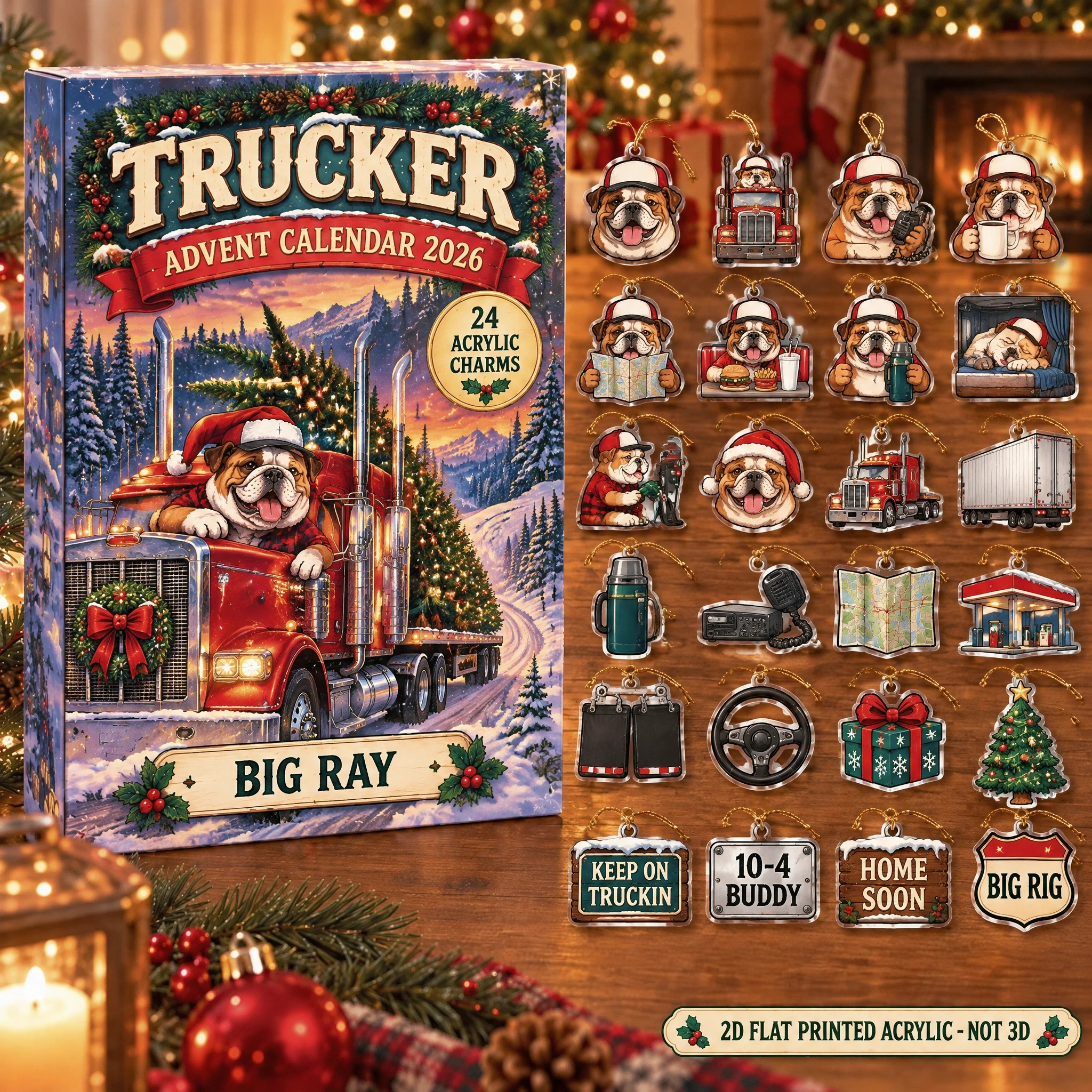 Personalized Trucker Bulldog advent calendar box with 24 flat acrylic Christmas charms