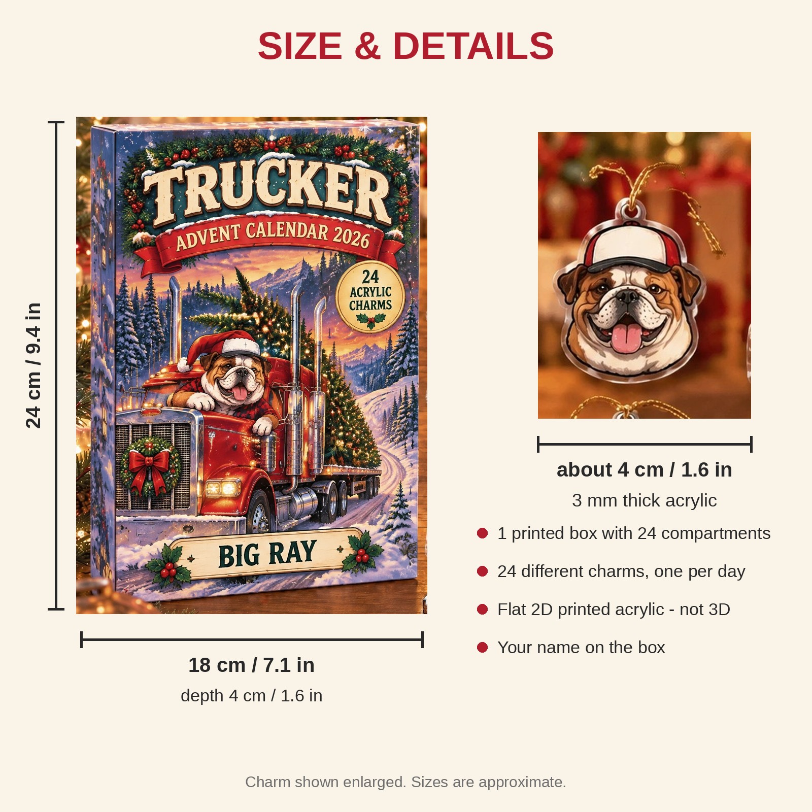 Personalized Trucker Bulldog advent calendar box with 24 flat acrylic Christmas charms: box and charm sizes