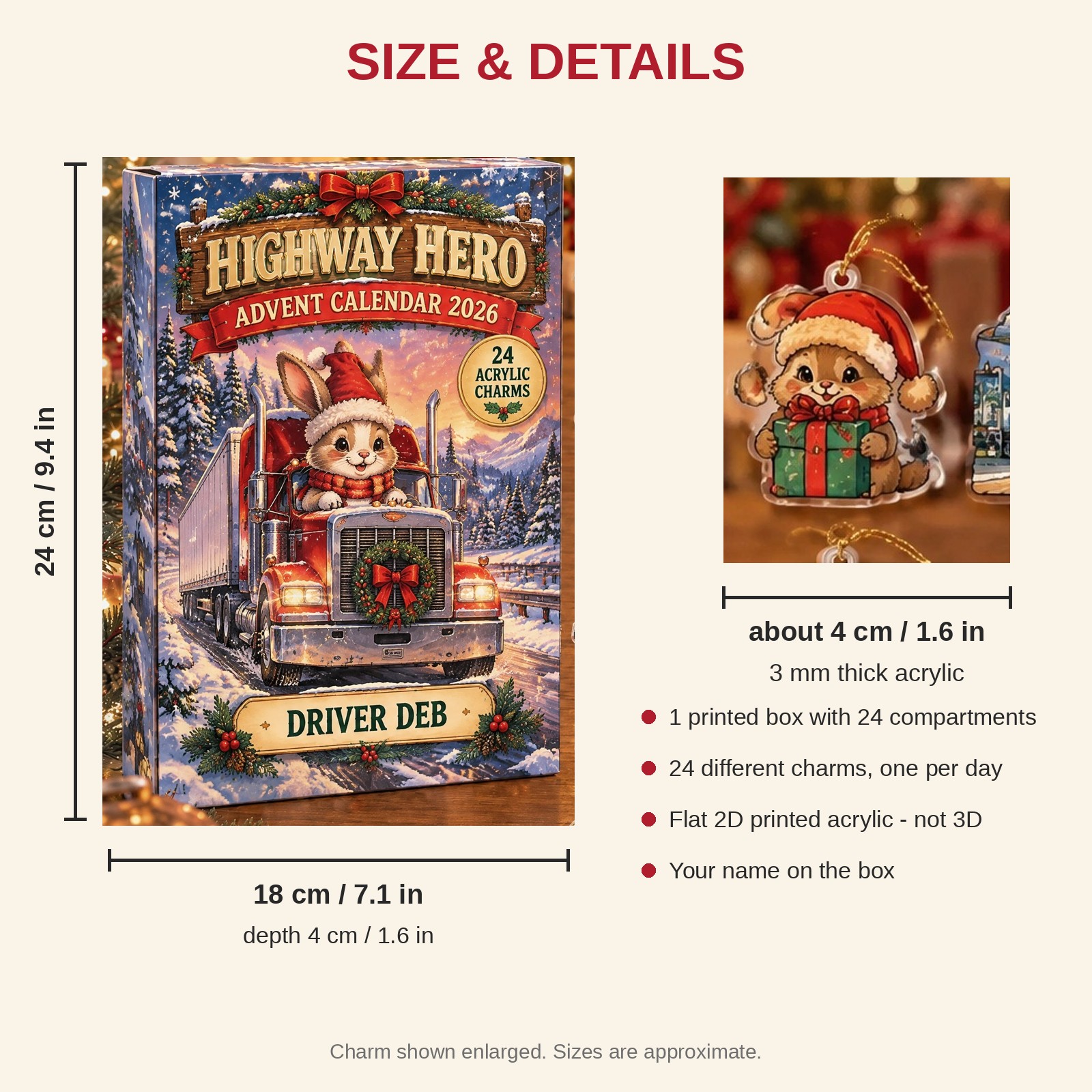 Personalized Trucker Bunny advent calendar box with 24 flat acrylic Christmas charms: box and charm sizes