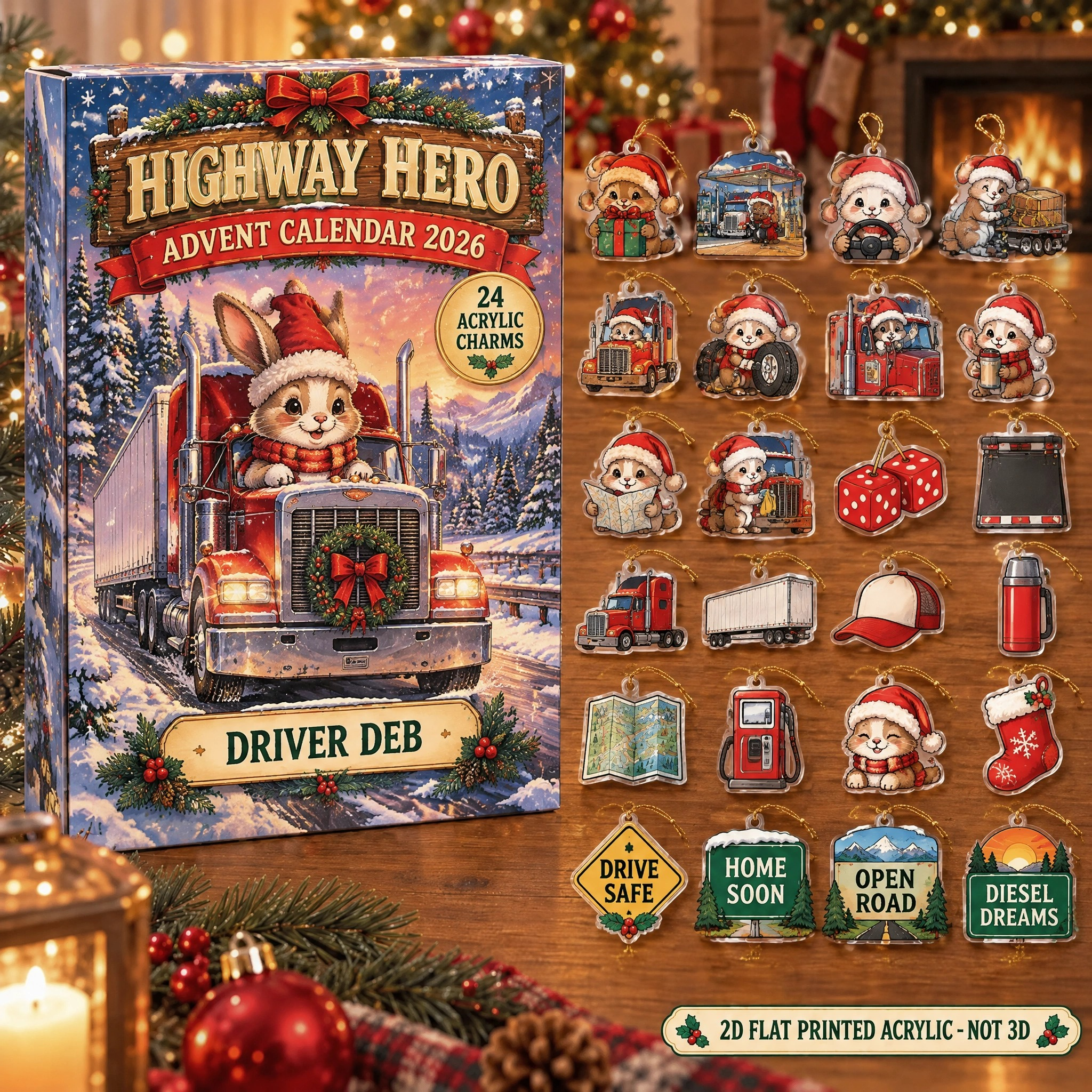 Personalized Trucker Bunny advent calendar box with 24 flat acrylic Christmas charms
