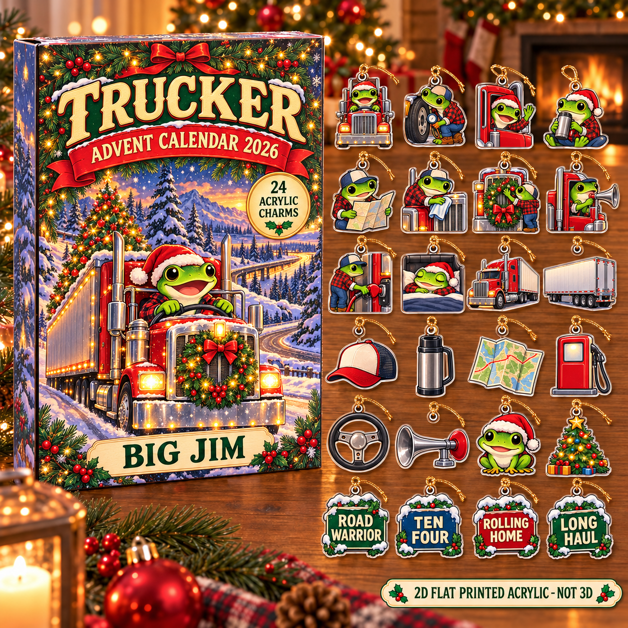 Personalized Trucker Frog advent calendar box with 24 flat acrylic Christmas charms