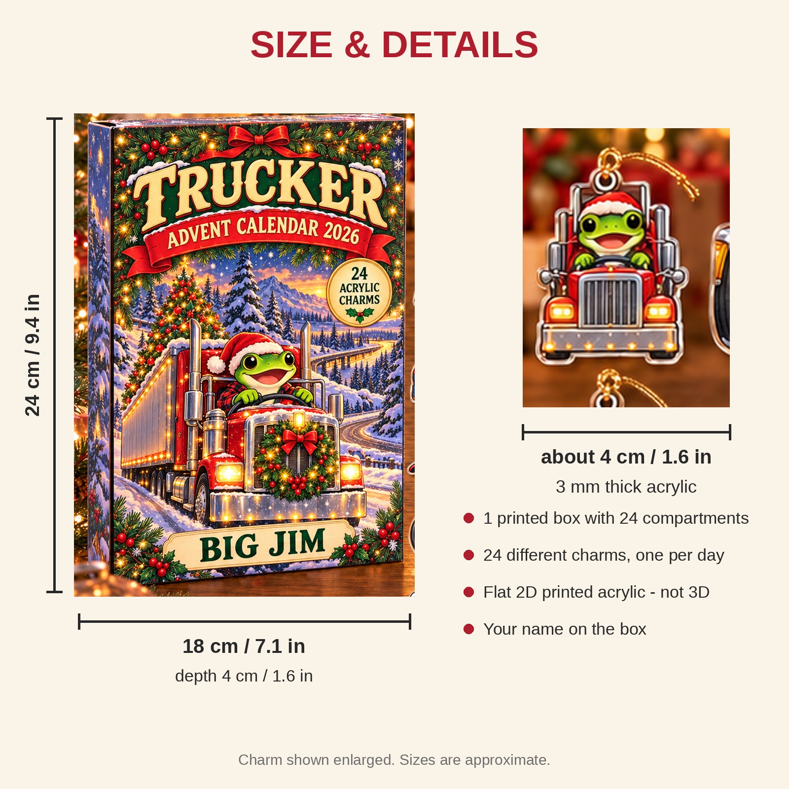 Personalized Trucker Frog advent calendar box with 24 flat acrylic Christmas charms: box and charm sizes