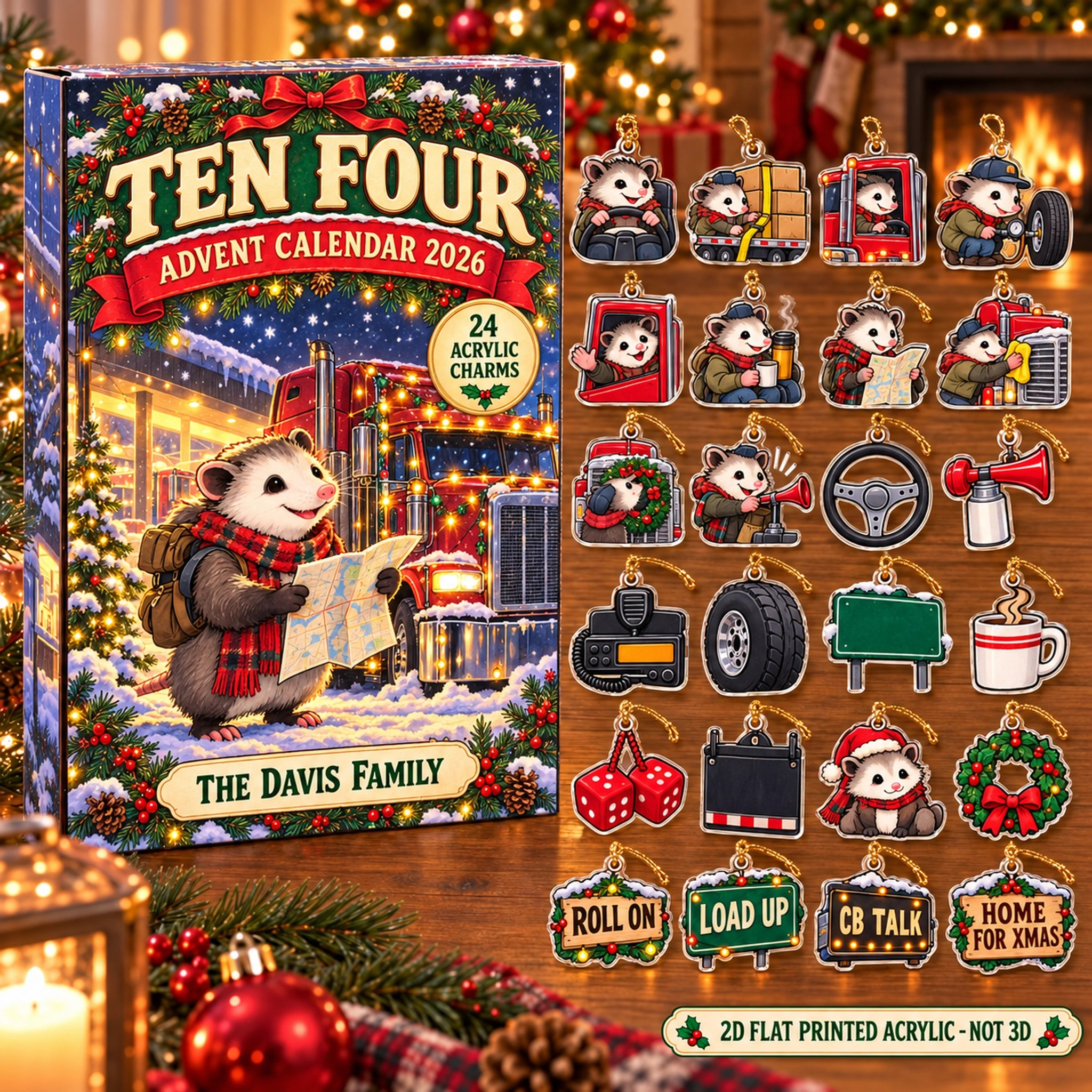 Personalized Trucker Opossum advent calendar box with 24 flat acrylic Christmas charms