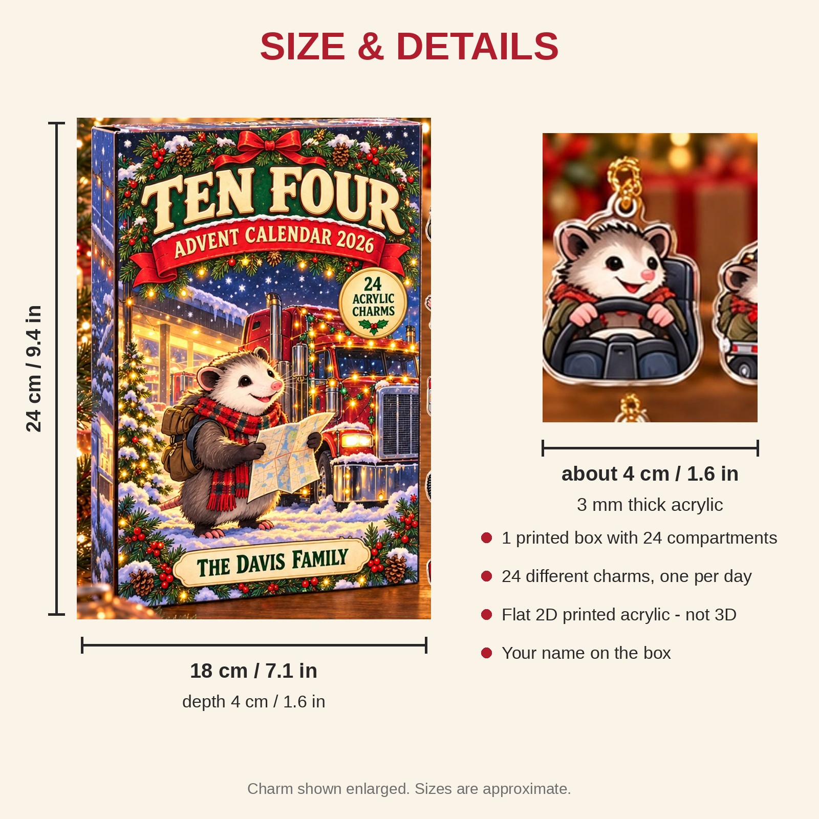 Personalized Trucker Opossum advent calendar box with 24 flat acrylic Christmas charms: box and charm sizes