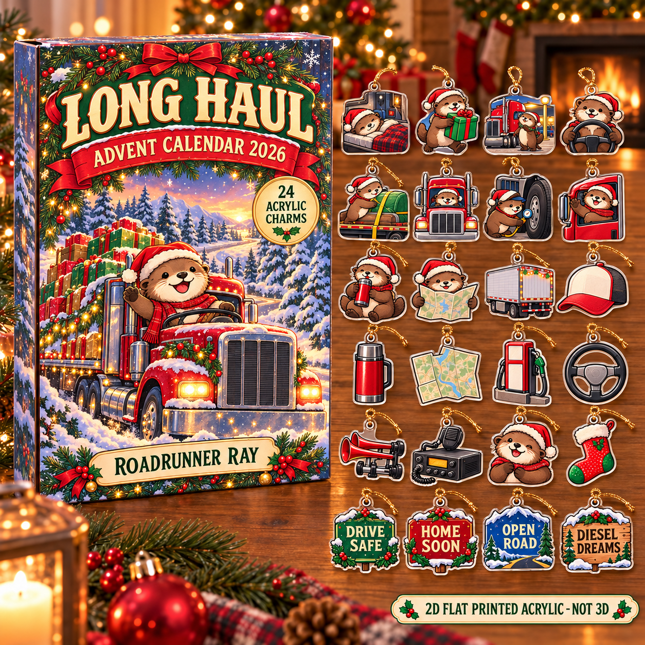 Personalized Trucker Otter advent calendar box with 24 flat acrylic Christmas charms
