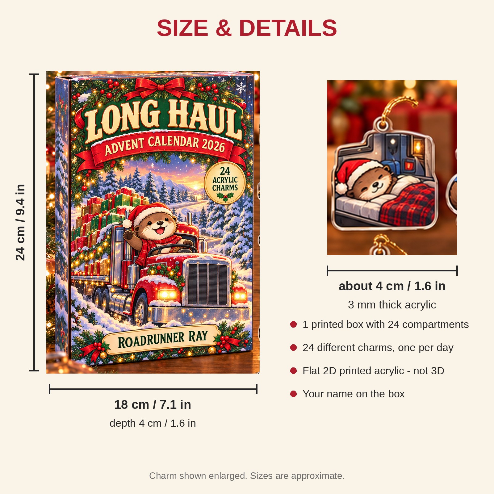 Personalized Trucker Otter advent calendar box with 24 flat acrylic Christmas charms: box and charm sizes