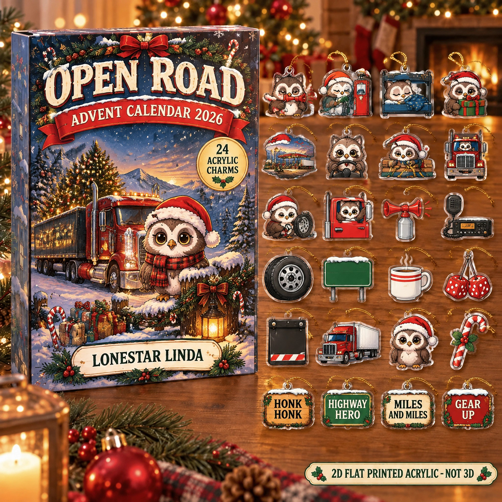 Personalized Trucker Owl advent calendar box with 24 flat acrylic Christmas charms